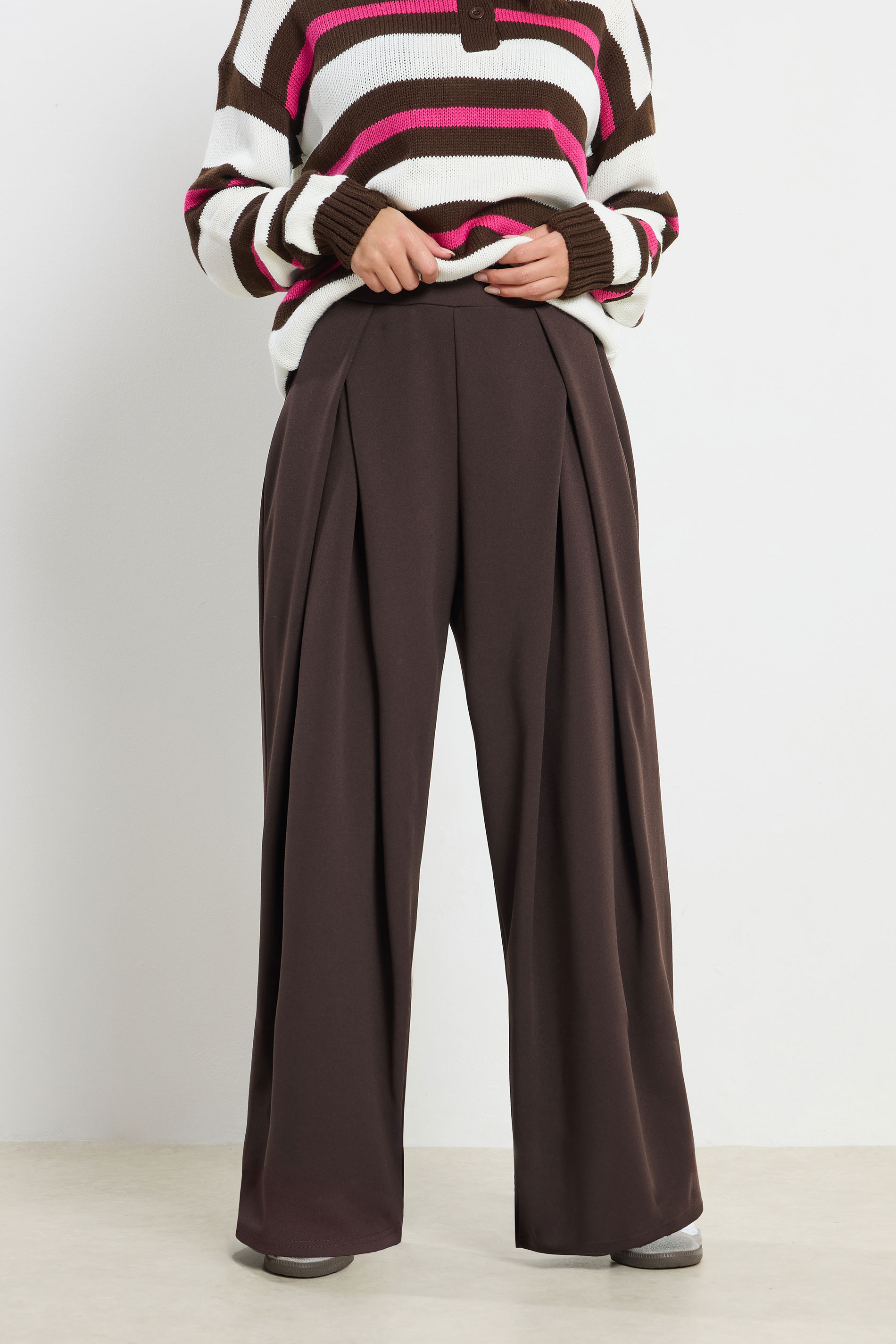 PixieGirl Petite Women's Brown Wrap Pleated Wide Leg Trousers | PixieGirl  2