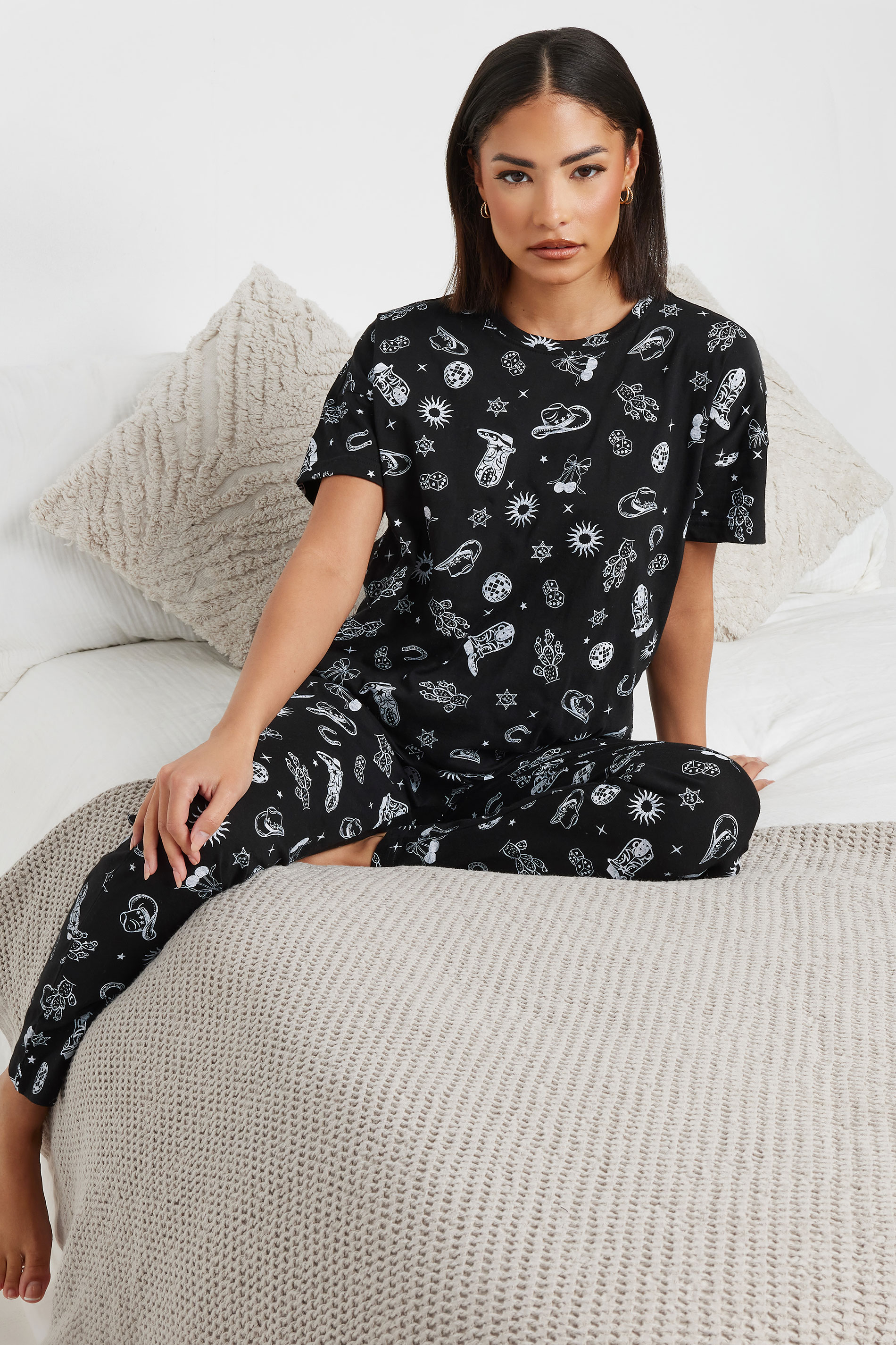 PixieGirl Petite Women's Black Cowboy Graphic Tapered Pyjama Set | PixieGirl 1