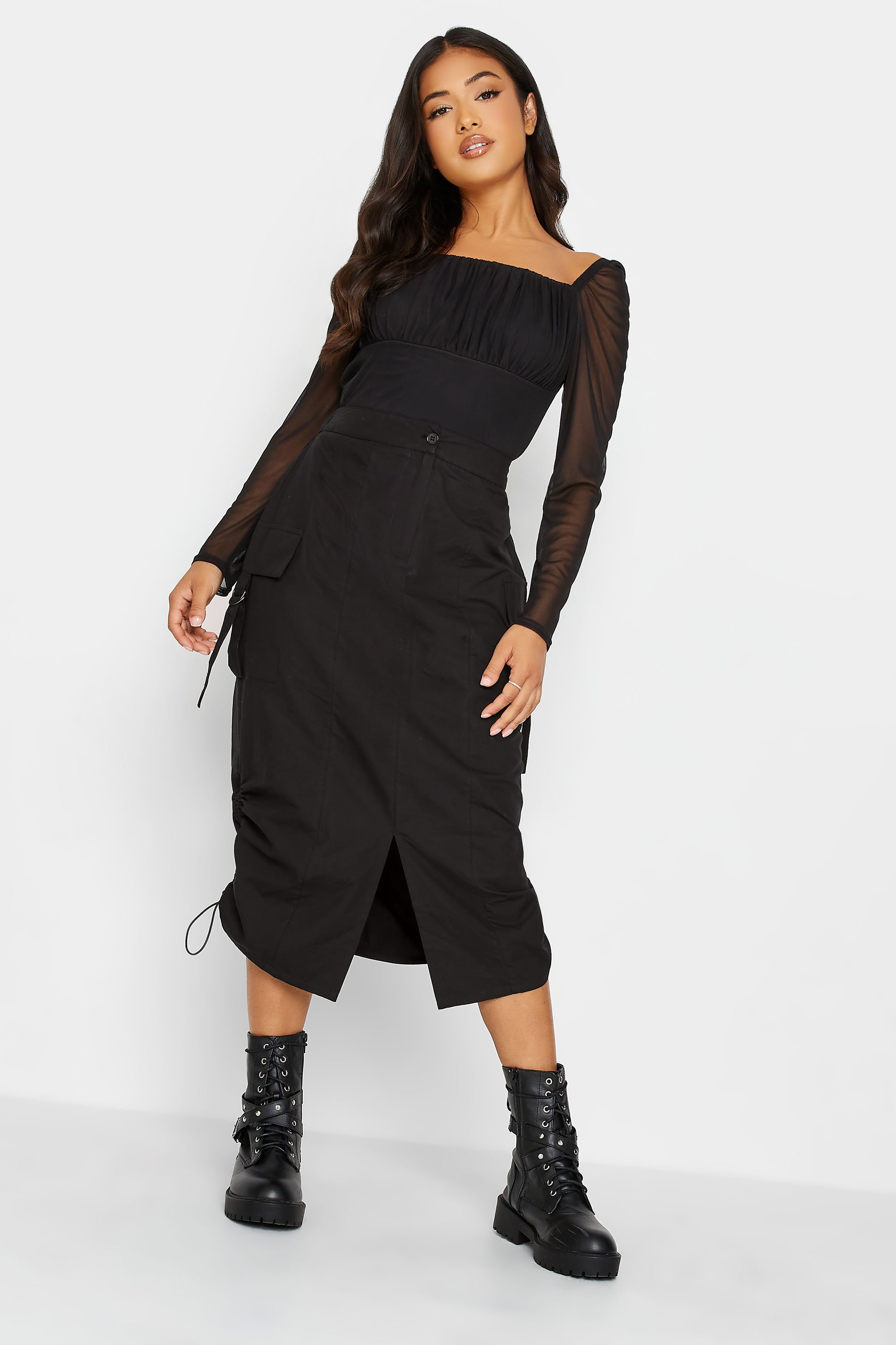 PixieGirl Black Cargo Ruched Midi Skirt | PixieGirl  2