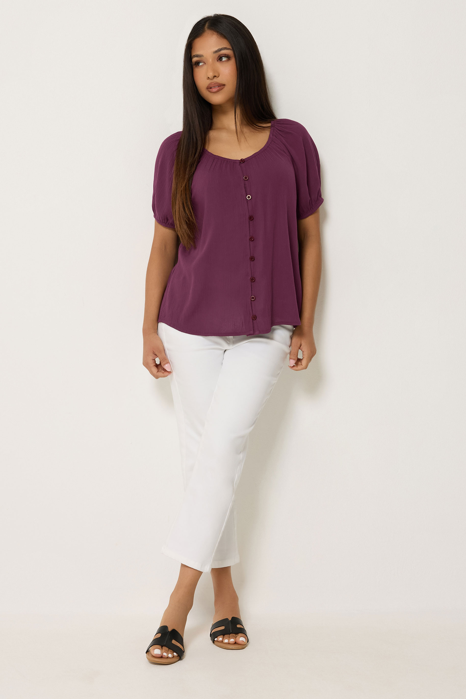 M&Co Petite Berry Purple Crinkle Short Sleeve Blouse | M&Co 1