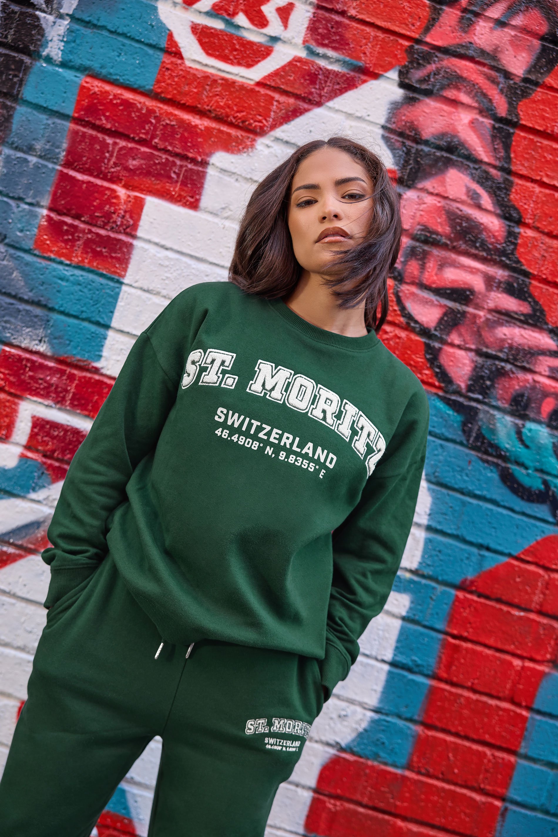 PixieGirl Petite Women's Green St Moritz Slogan Sweatshirt | PixieGirl 1