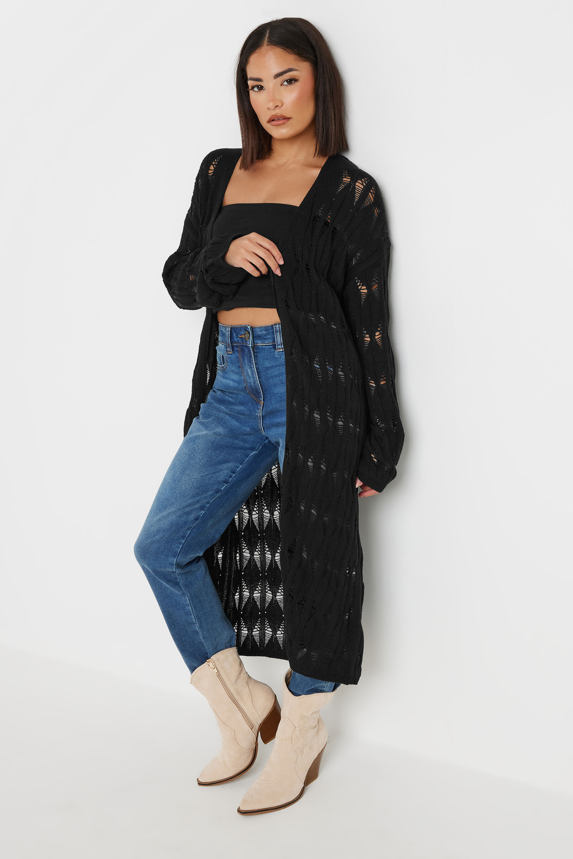 PixieGirl Petite Women's Black Crochet Maxi Tie Cardigan | PixieGirl 4