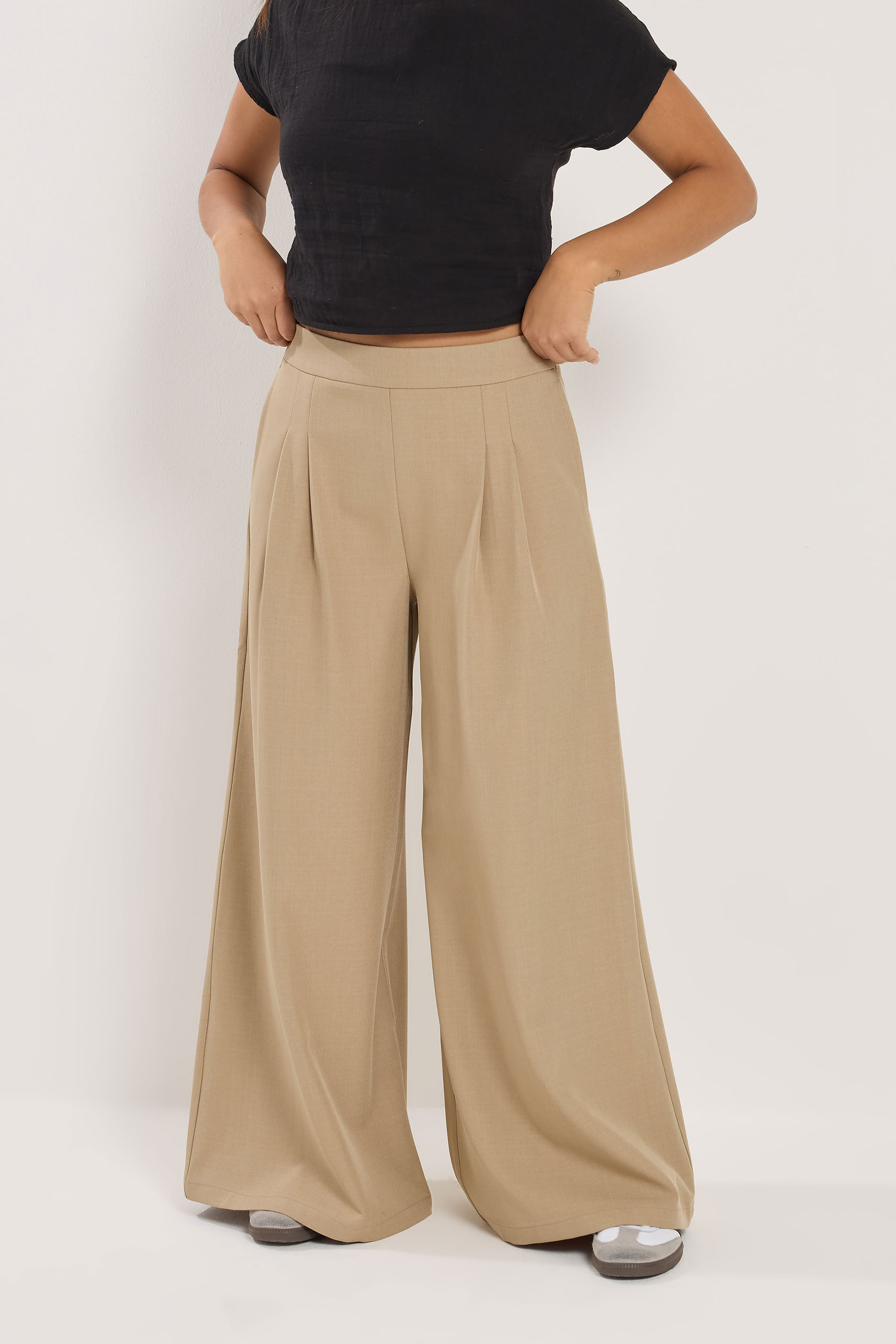 PixieGirl Petite Women's Natural Brown Pleat Front Palazzo Trousers | PixieGirl 2