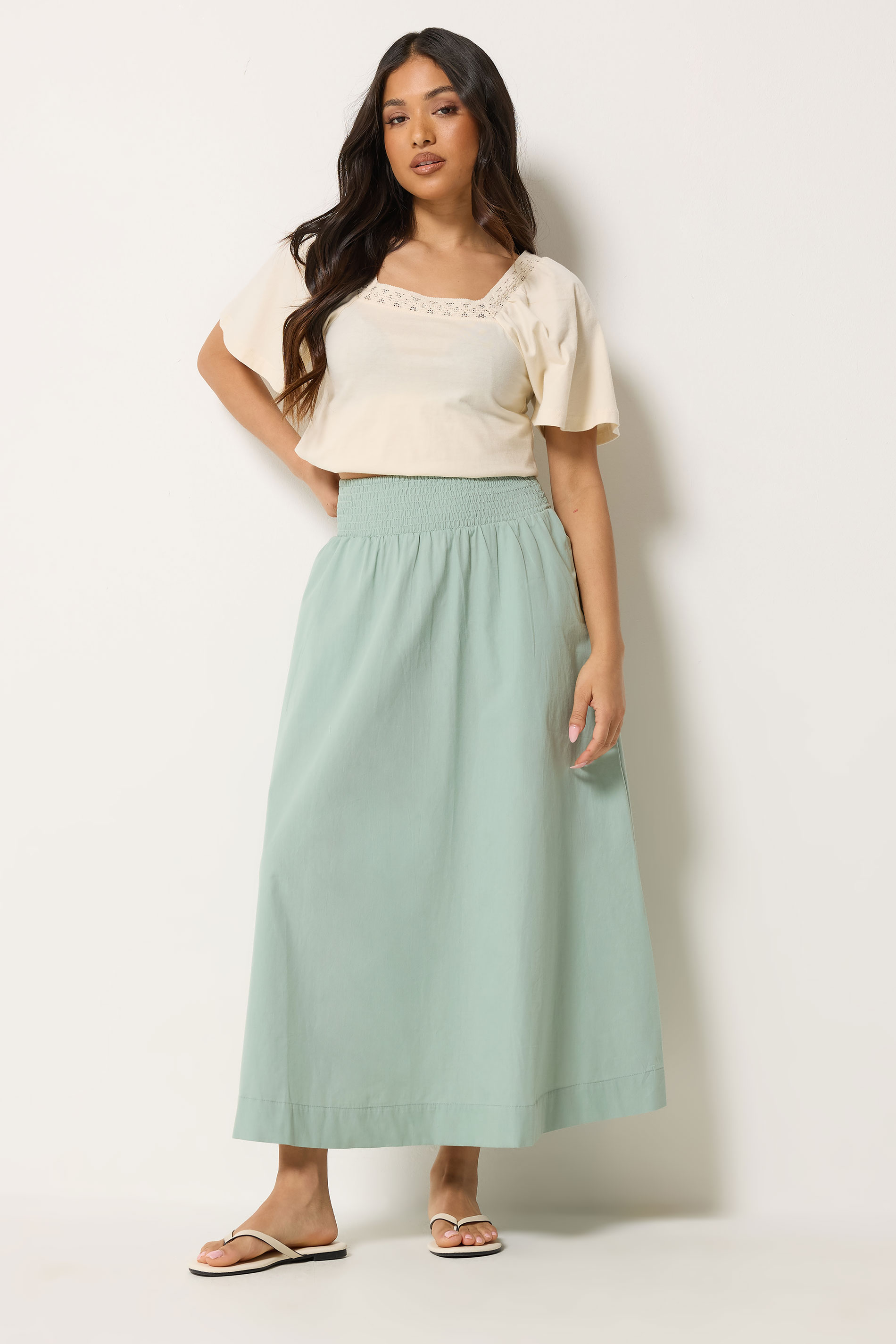 Pixiegirl Women's Green Petite Sage Poplin Shirred Cotton Maxi Skirt Size 14