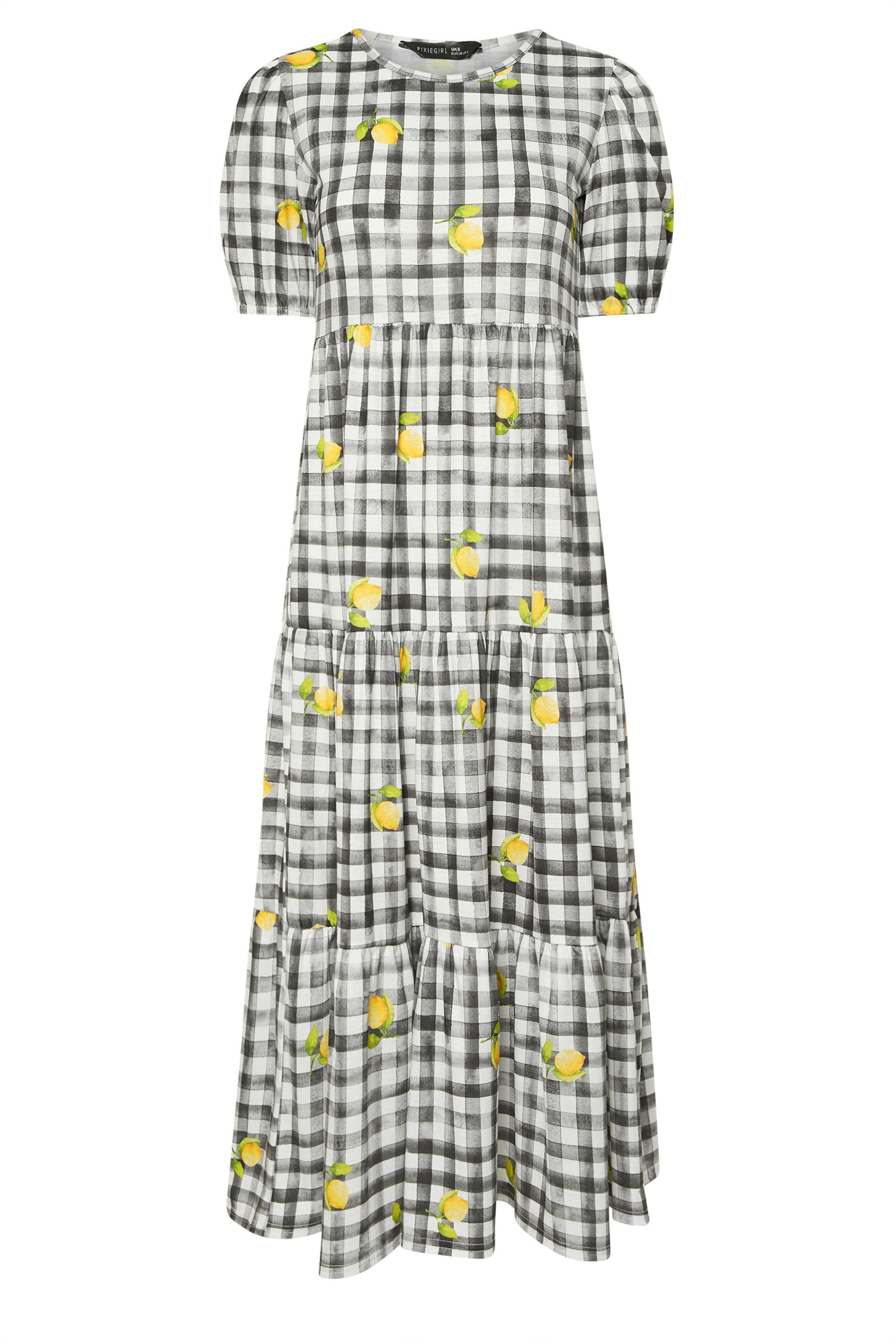 PixieGirl Petite Women's Black Lemon Gingham Graphic Tiered Smock Dress | PixieGirl 5