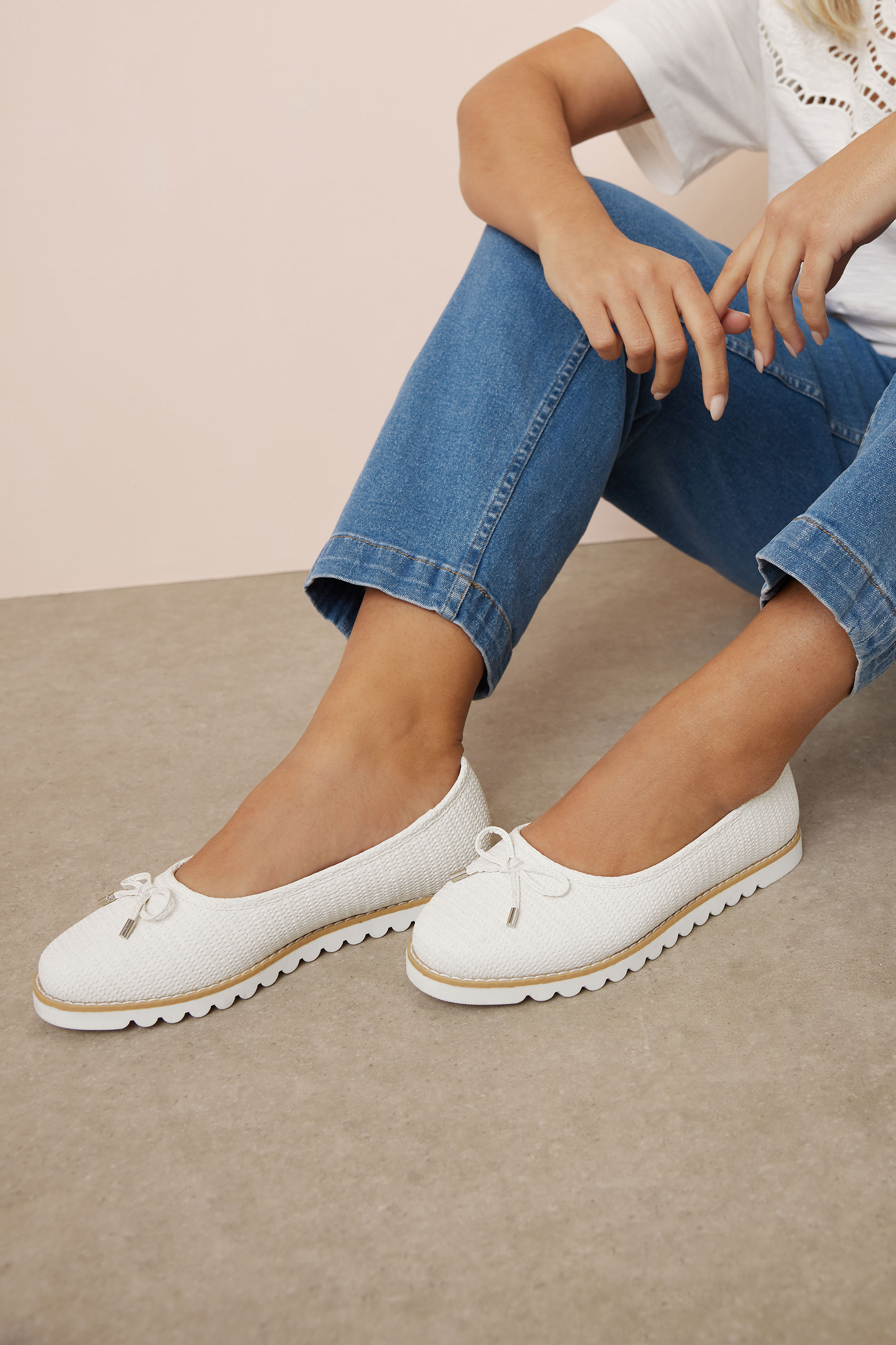 White Woven Ballerina Pumps In Wide E Fit & Extra Wide EEE Fit | Yours Clothing 1