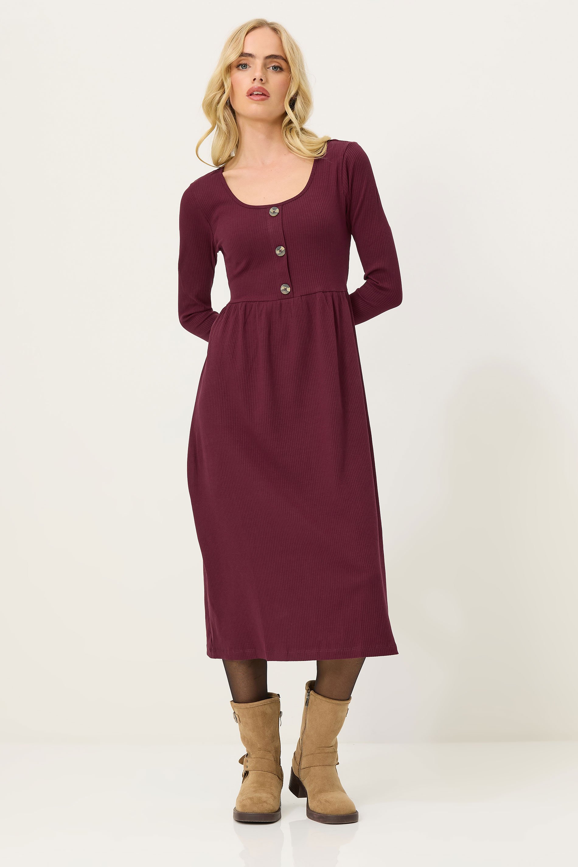 PixieGirl Petite Women's Burgundy Red Ribbed Button Midaxi Dress | PixieGirl 2