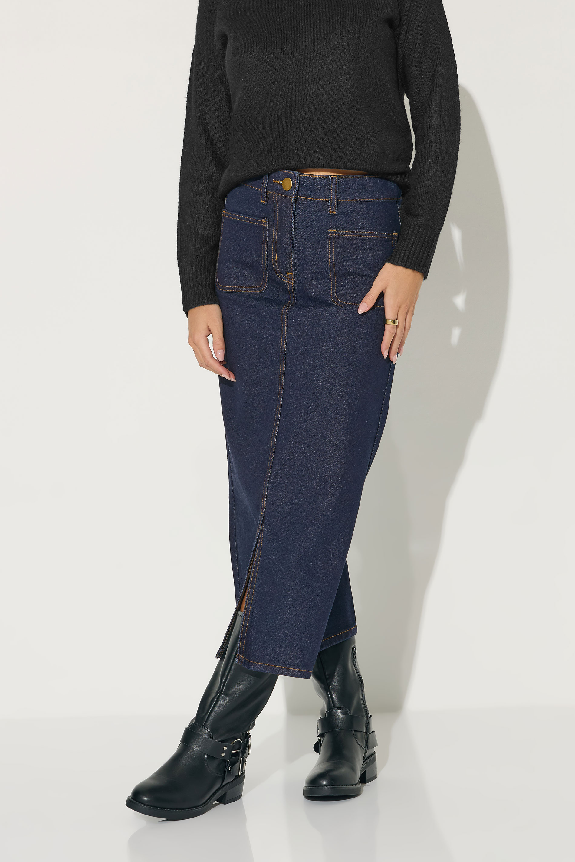 PixieGirl Petite Women's Dark Blue Pocket Patch Denim Skirt | PixieGirl 2