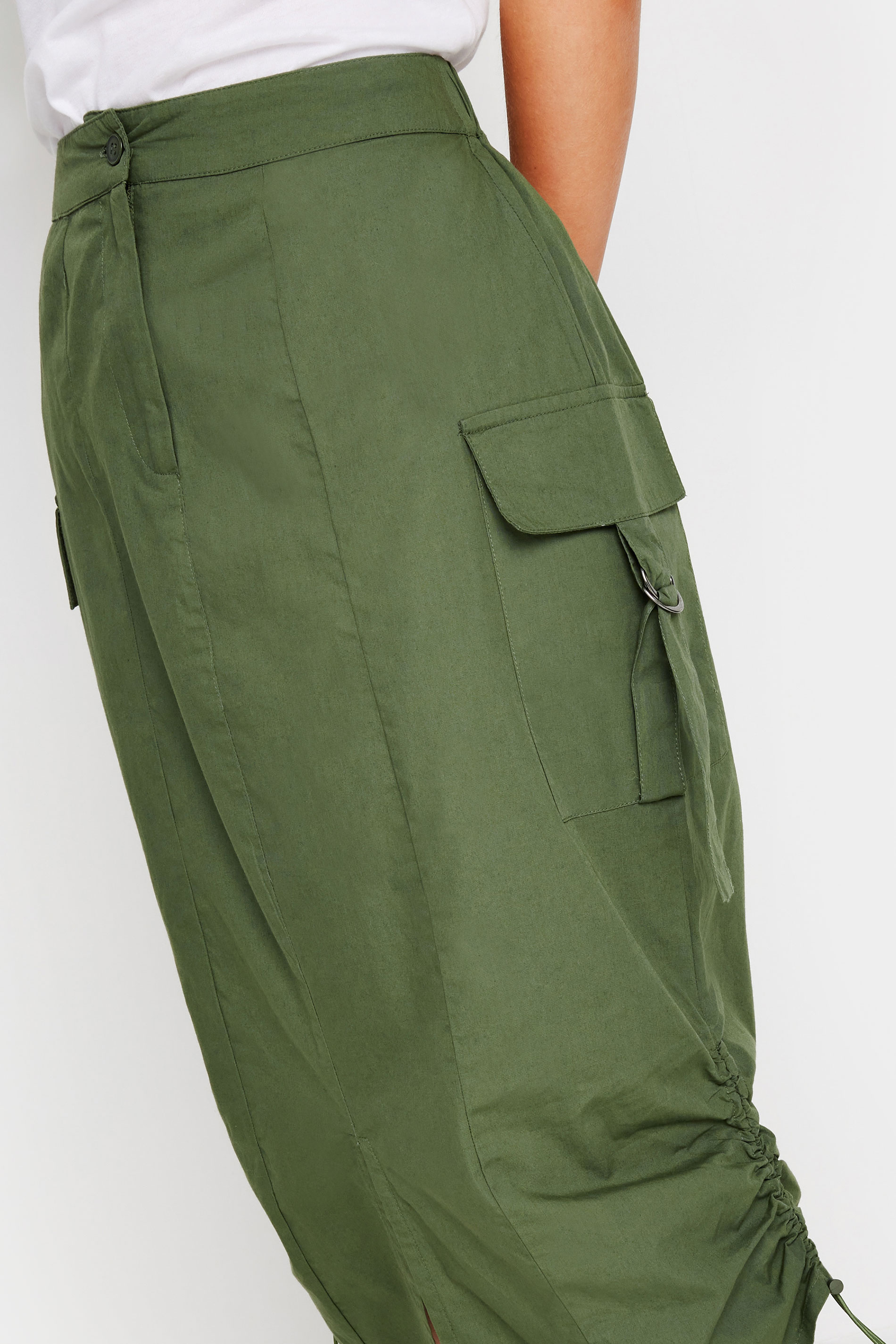 PixieGirl Khaki Green Cargo Ruched Midi Skirt | PixieGirl  4