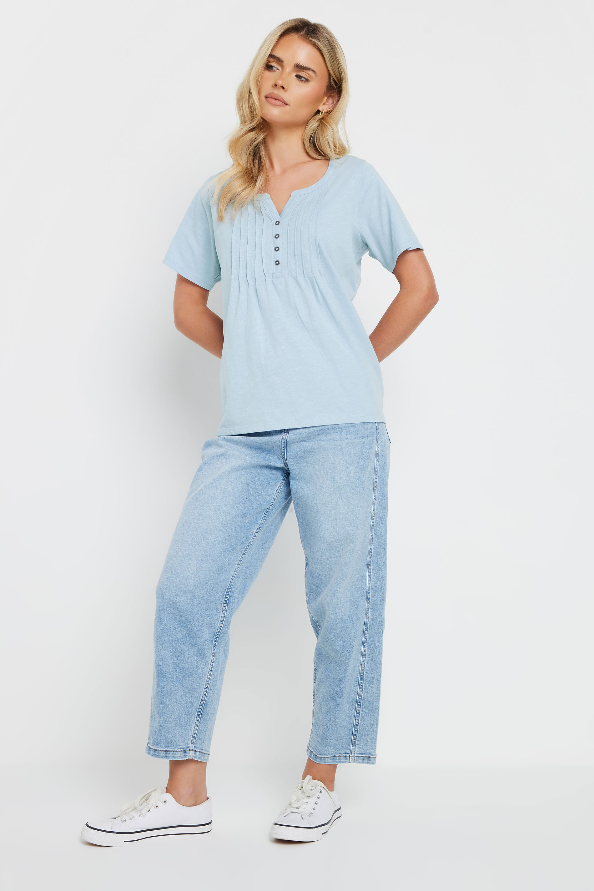 M&Co Petite Light Blue Cotton Short Sleeve Henley Top | M&Co 1