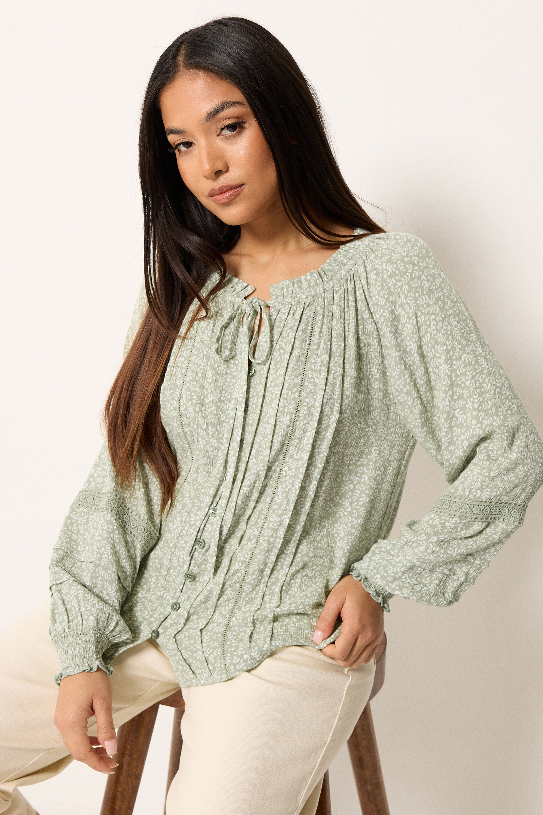 M&Co Petite Sage Green Floral Trim Detail Tie Neck Blouse | M&Co 3