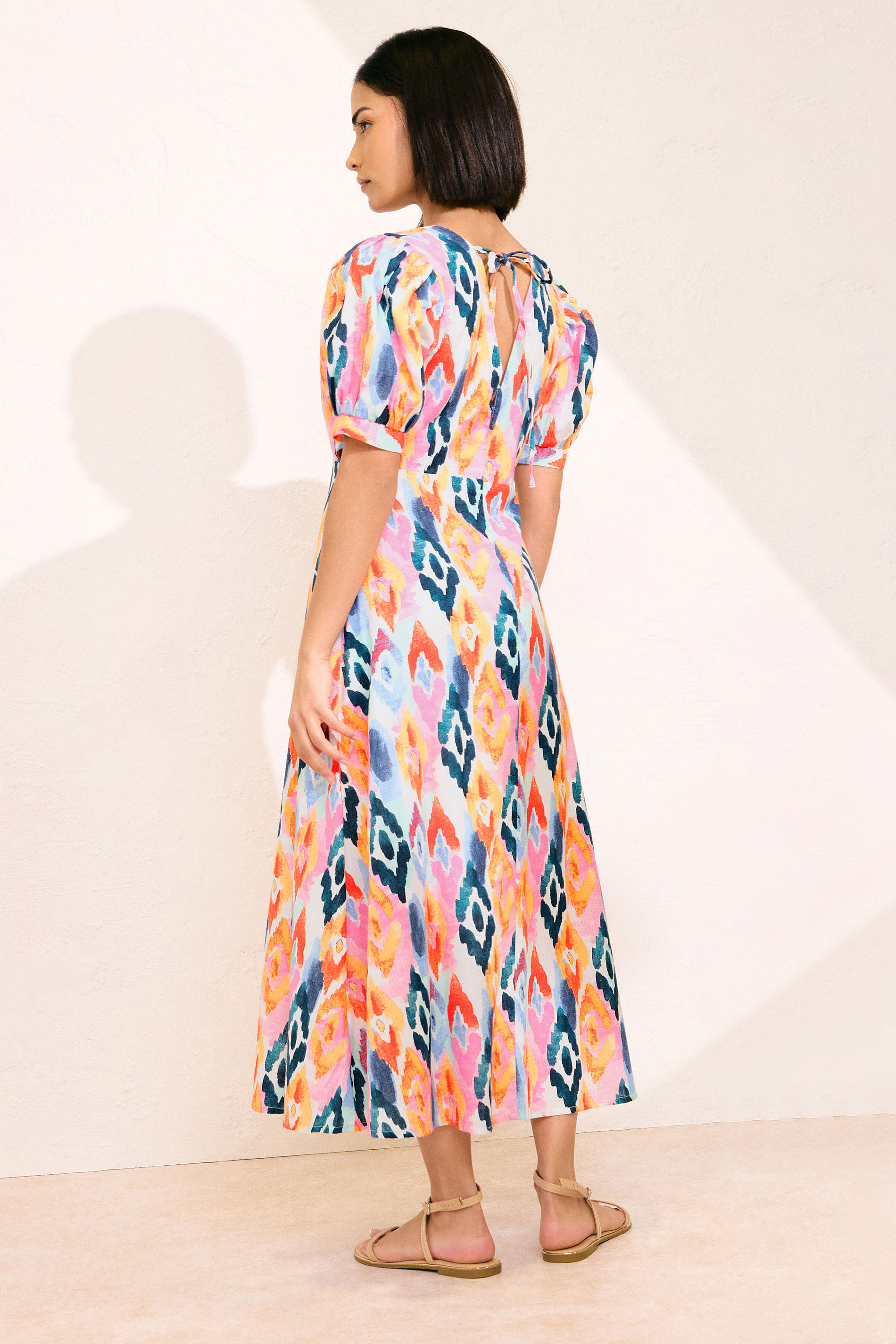 PixieGirl Petite Women's Pink Linen Abstract Puff Sleeve Midaxi Dress | PixieGirl 3