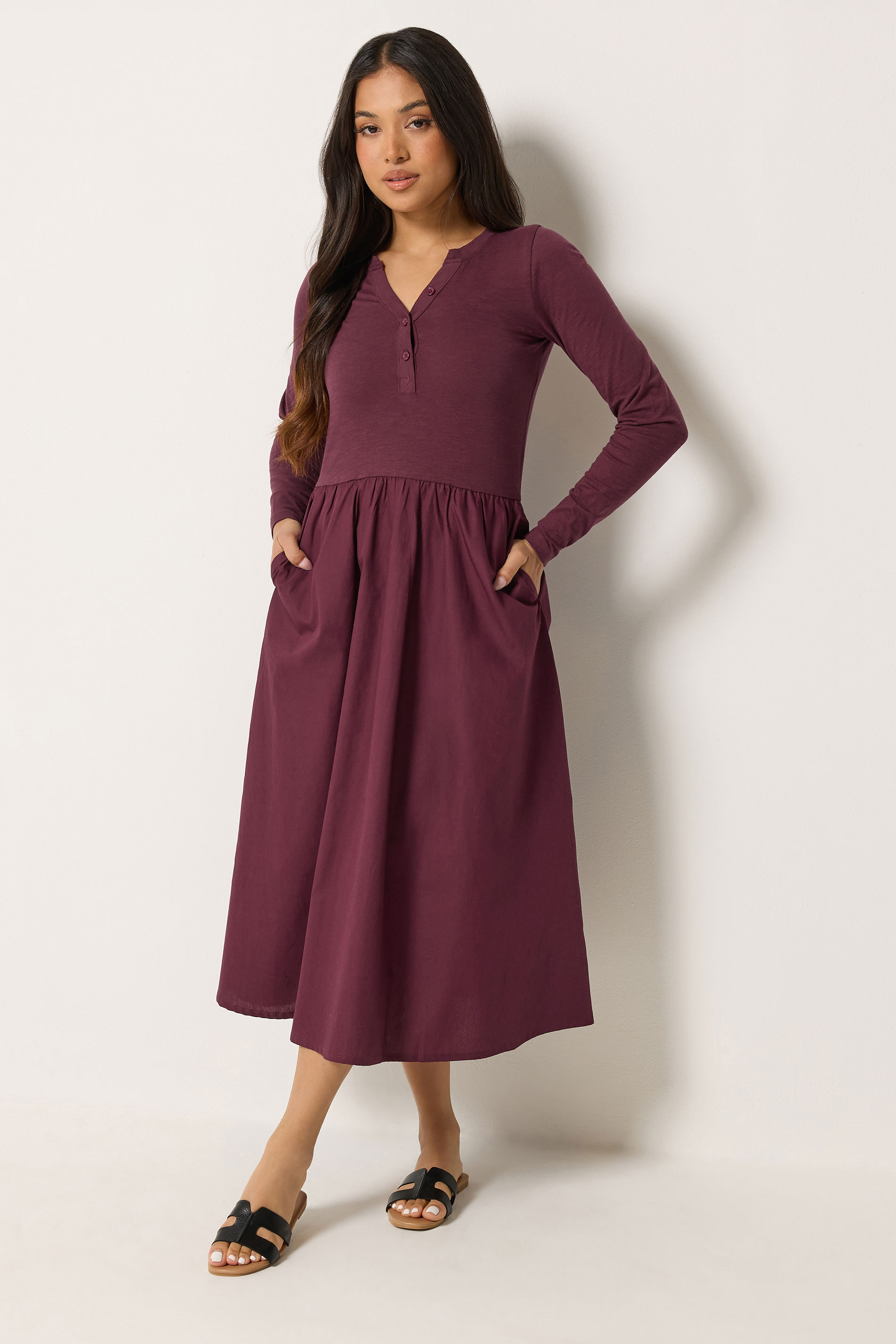 Pixiegirl Women's Red Petite Burgundy Henley Cotton Midi Dress Size 6