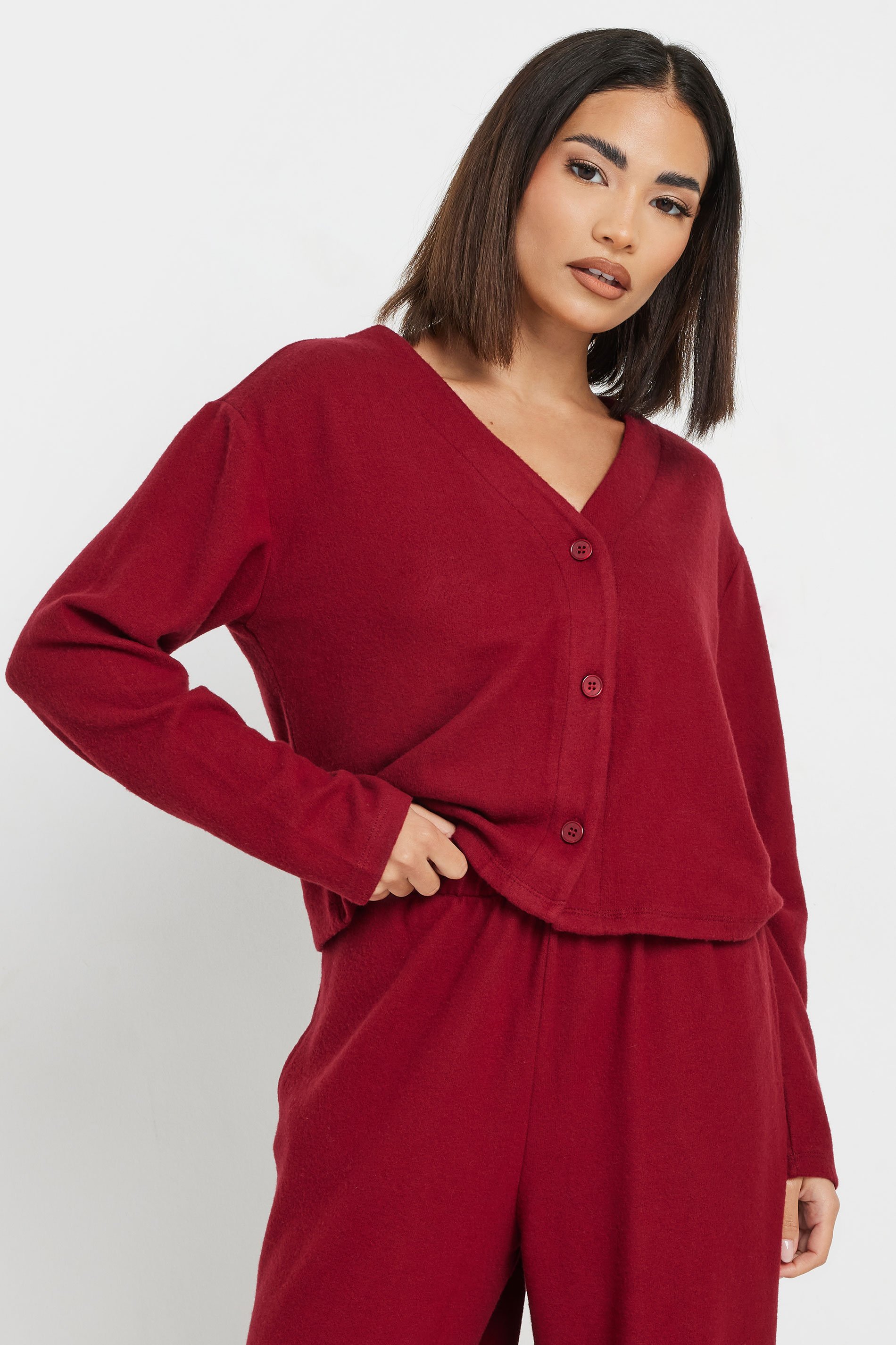 PixieGirl Petite Women's Burgundy Red Long Sleeve Cropped Cardigan | PixieGirl 1