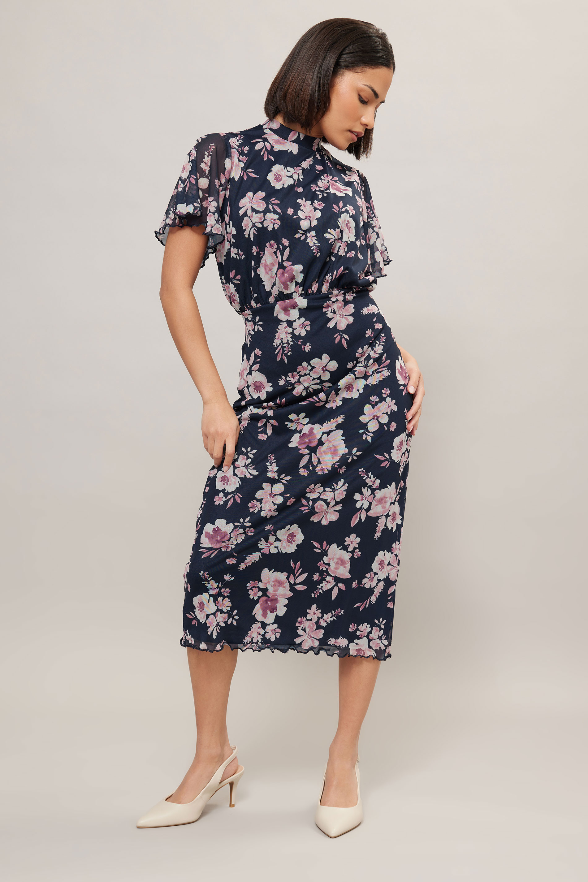 PixieGirl Petite Women's Navy Blue Floral Print Flutter Sleeve Dress | PixieGirl 1