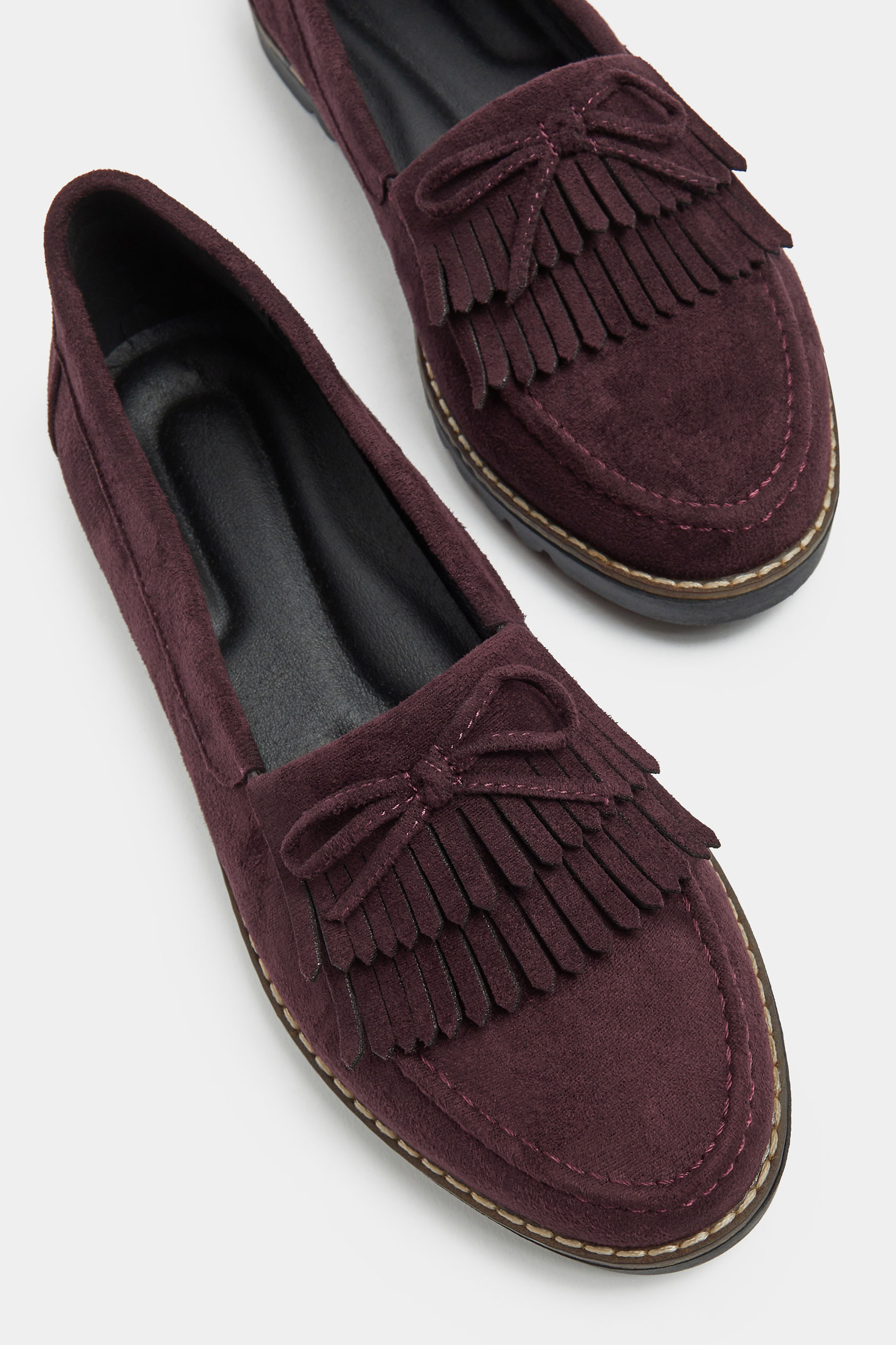 Burgundy Red Faux Suede Fringe Loafers In Wide E Fit | Yours Clothing 5
