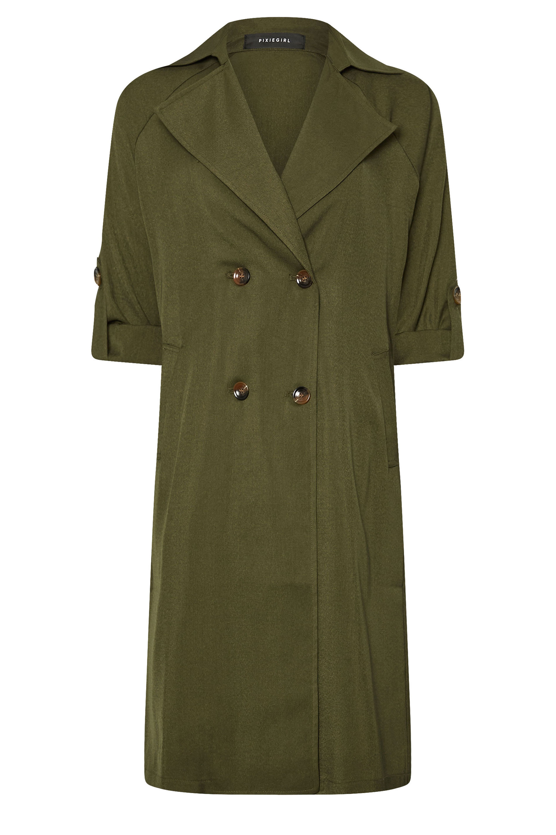 PixieGirl Petite Womens's Khaki Green Woven Lightweight Trench Coat | PixieGirl 5