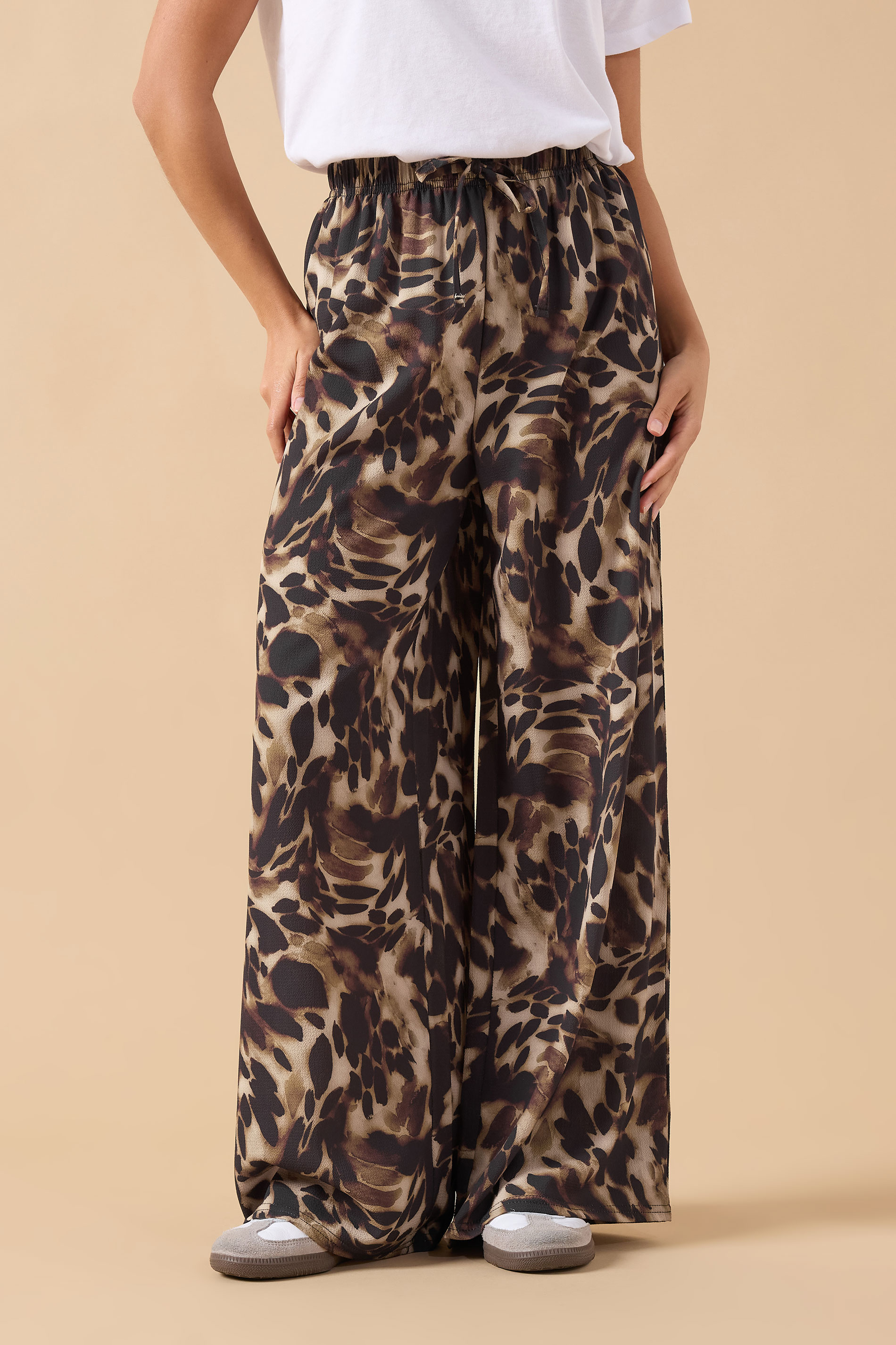 PixieGirl Petite Women's Brown Leopard Print Crepe Wide Leg Trousers | PixieGirl 2