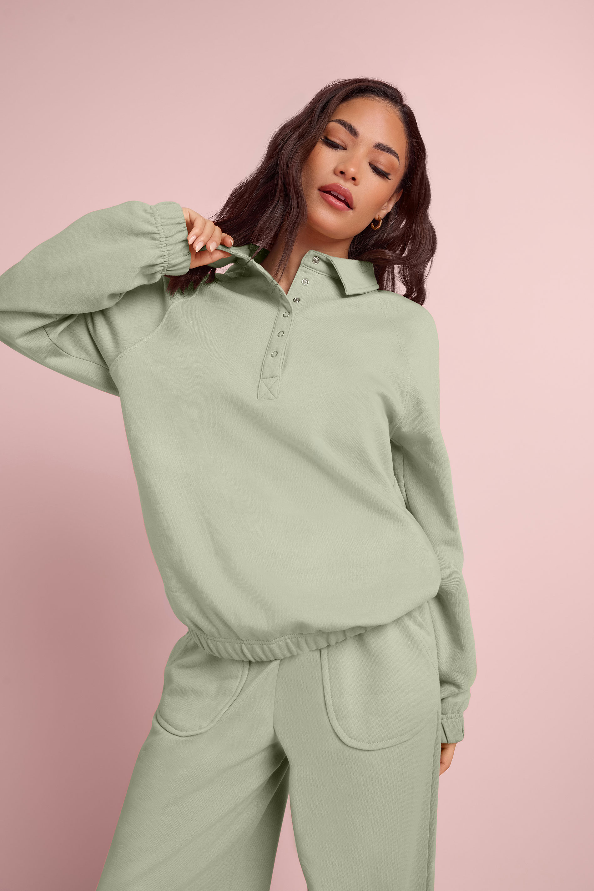 Pixiegirl Women's Green Petite Sage Button Collar Sweatshirt Size 18