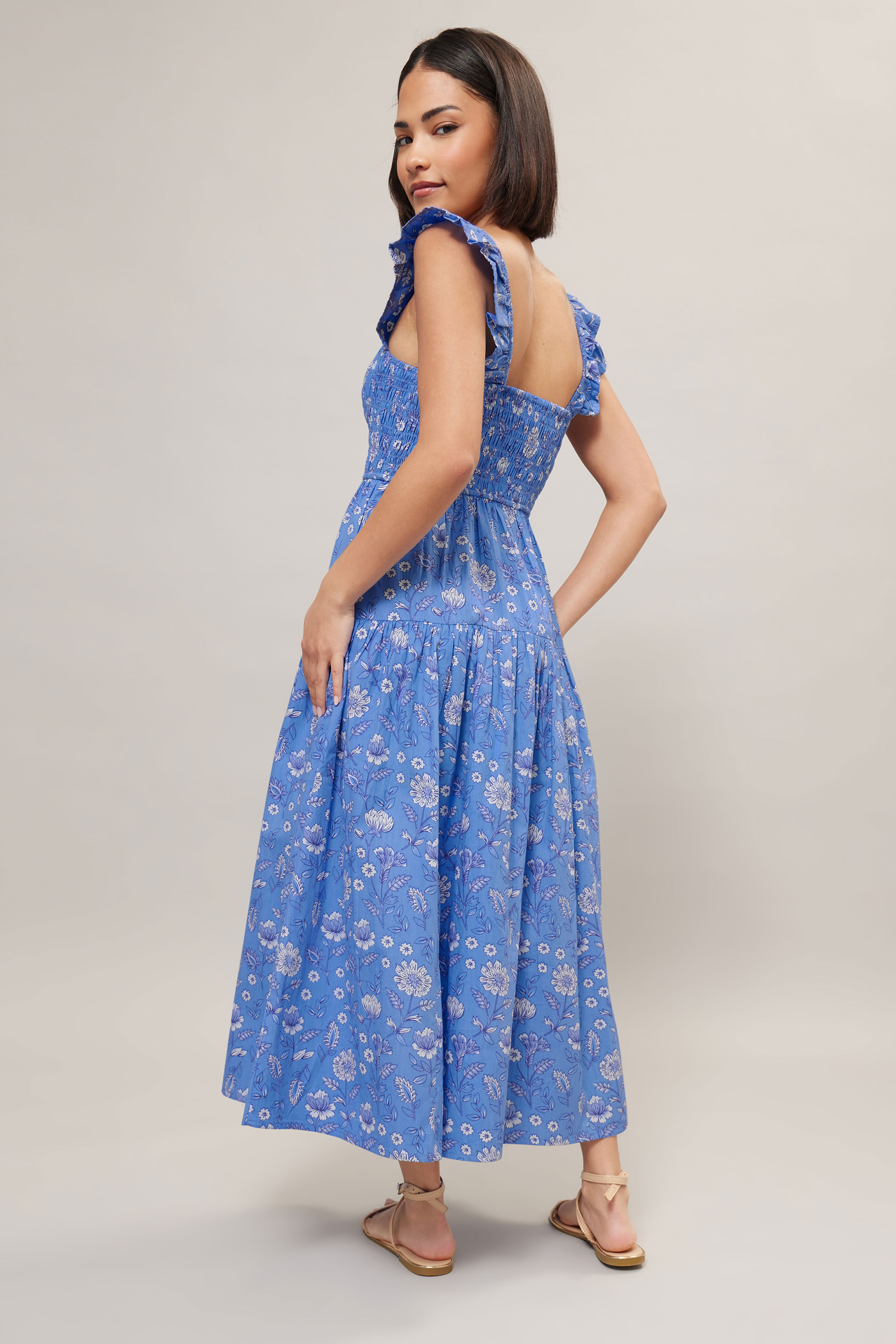 PixieGirl Petite Women's Blue Floral Frill Sleeve Shirred Dress | PixieGirl 3