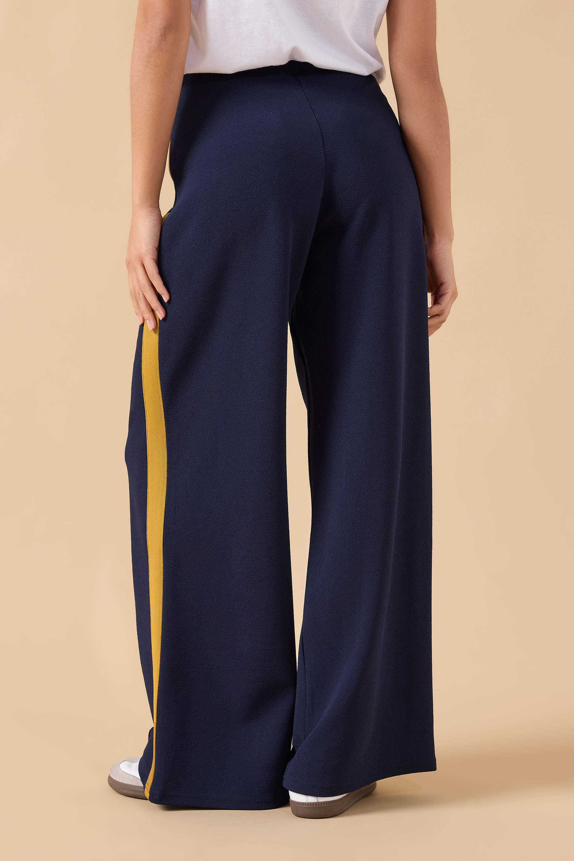 PixieGirl Petite Women's Navy Blue & Yellow Side Stripe Trousers | PixieGirl 3