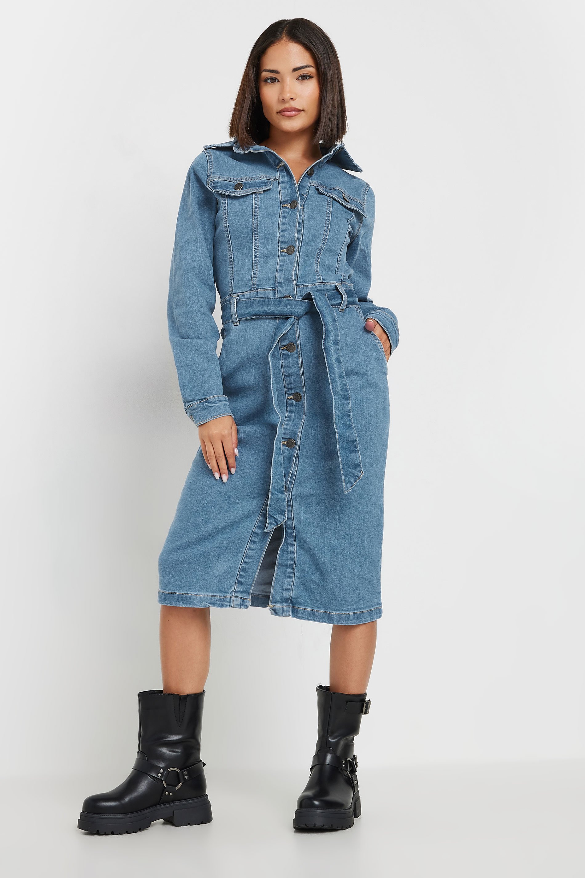 PixieGirl Petite Womens Mid Blue Denim Tie Waist Midi Dress | PixieGirl  3