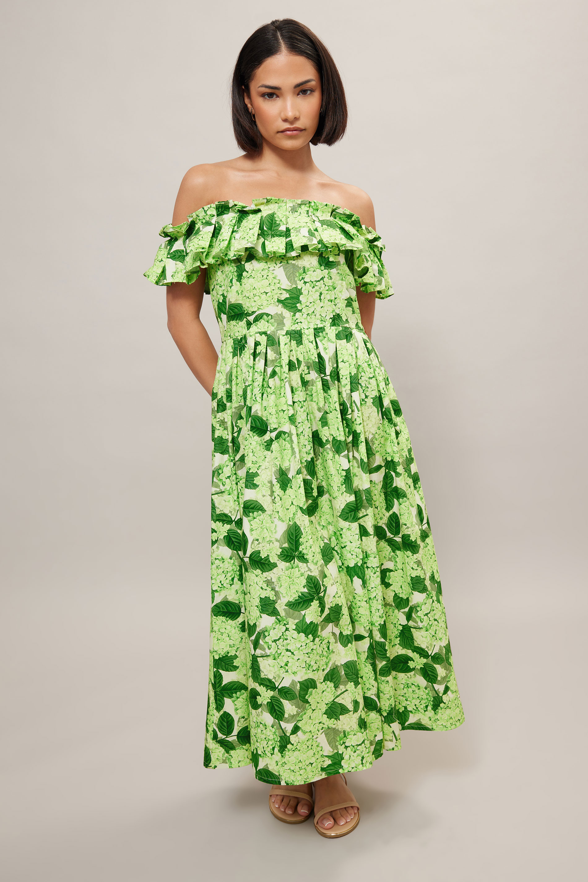 PixieGirl Petite Women's Green Floral Ruffle Bardot Midi Dress | PixieGirl 2