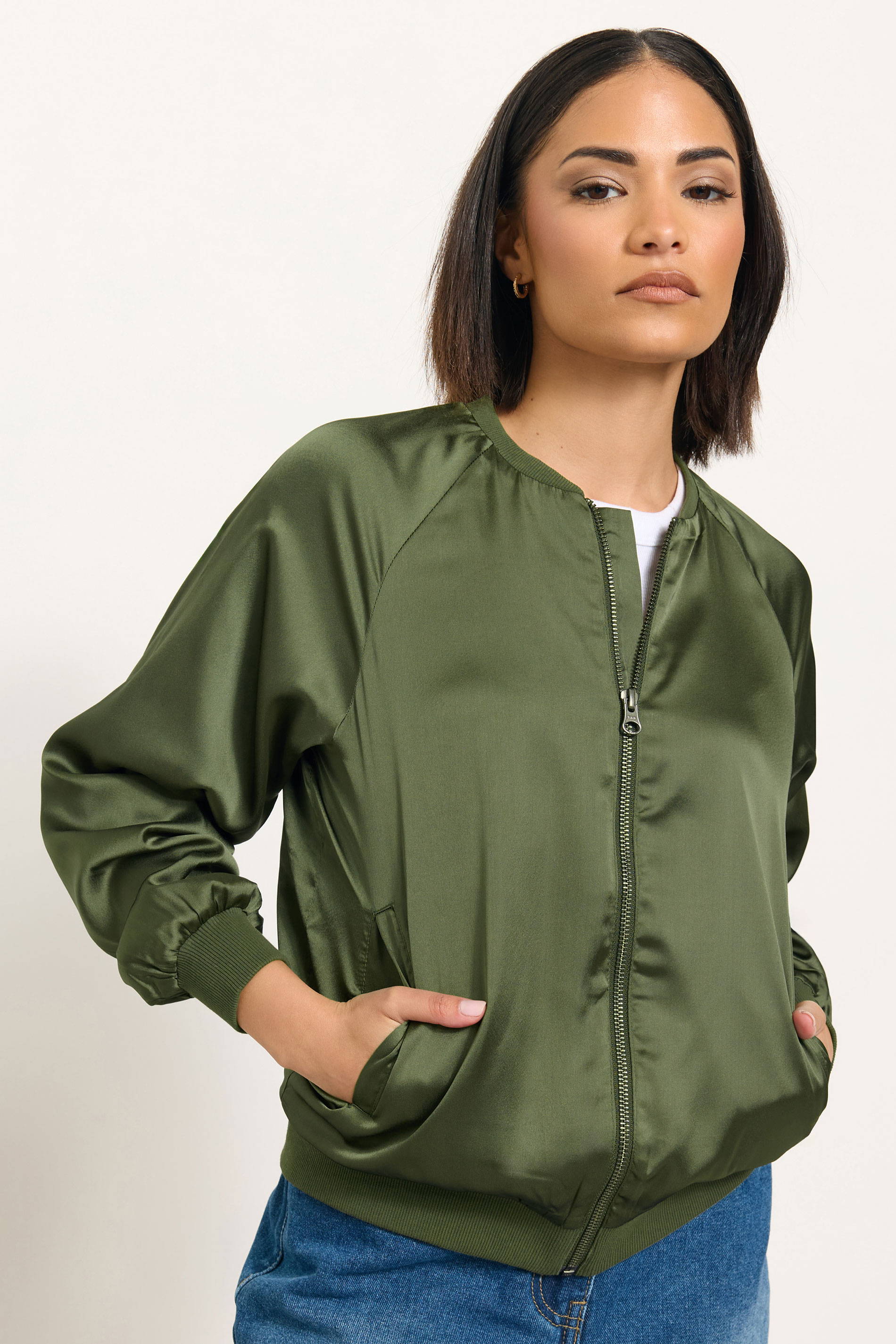 PixieGirl Petite Olive Green Satin Bomber Jacket | PixieGirl  2