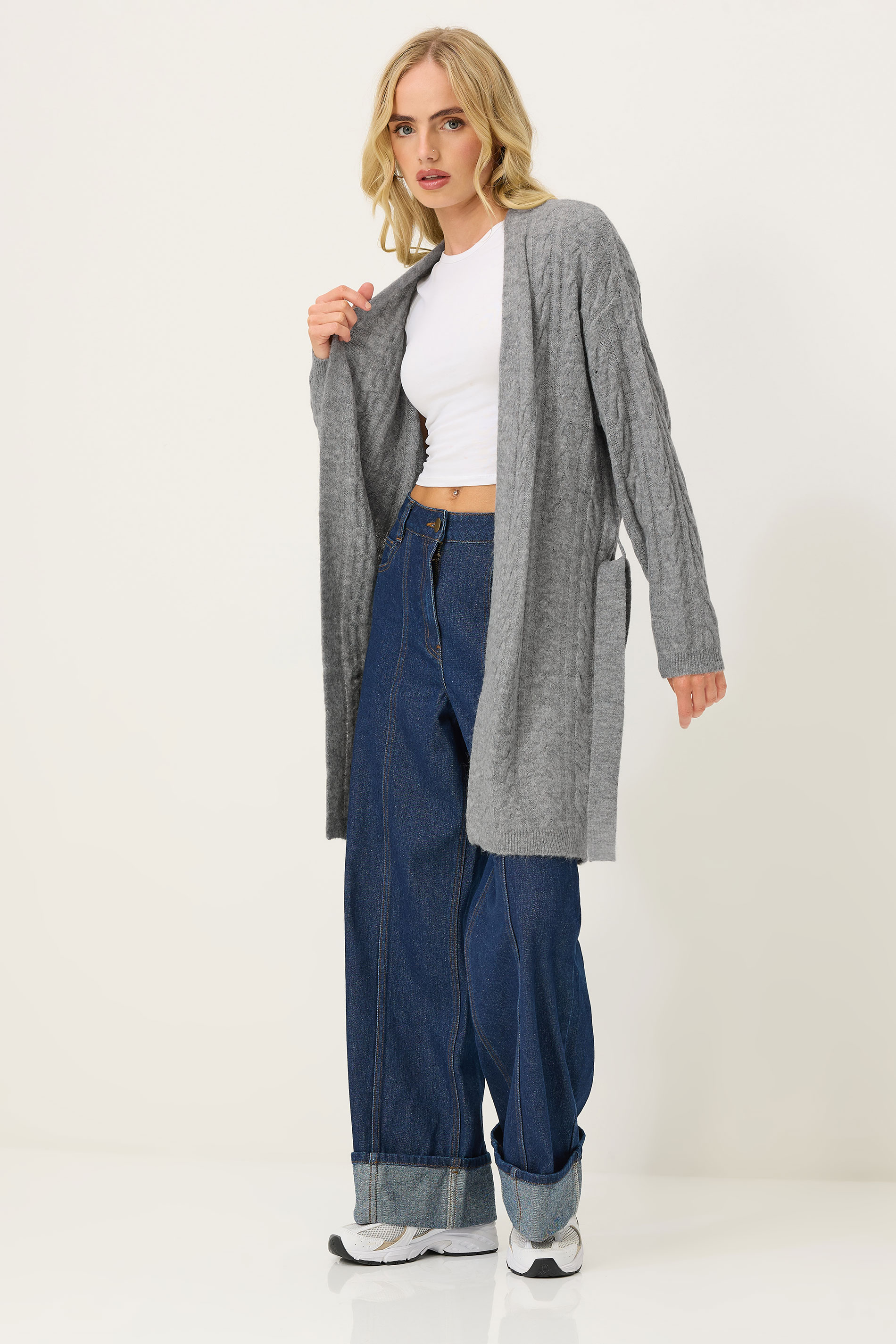 PixieGirl Petite Women's Grey Cable Knit Belted Midi Cardigan | PixieGirl 2