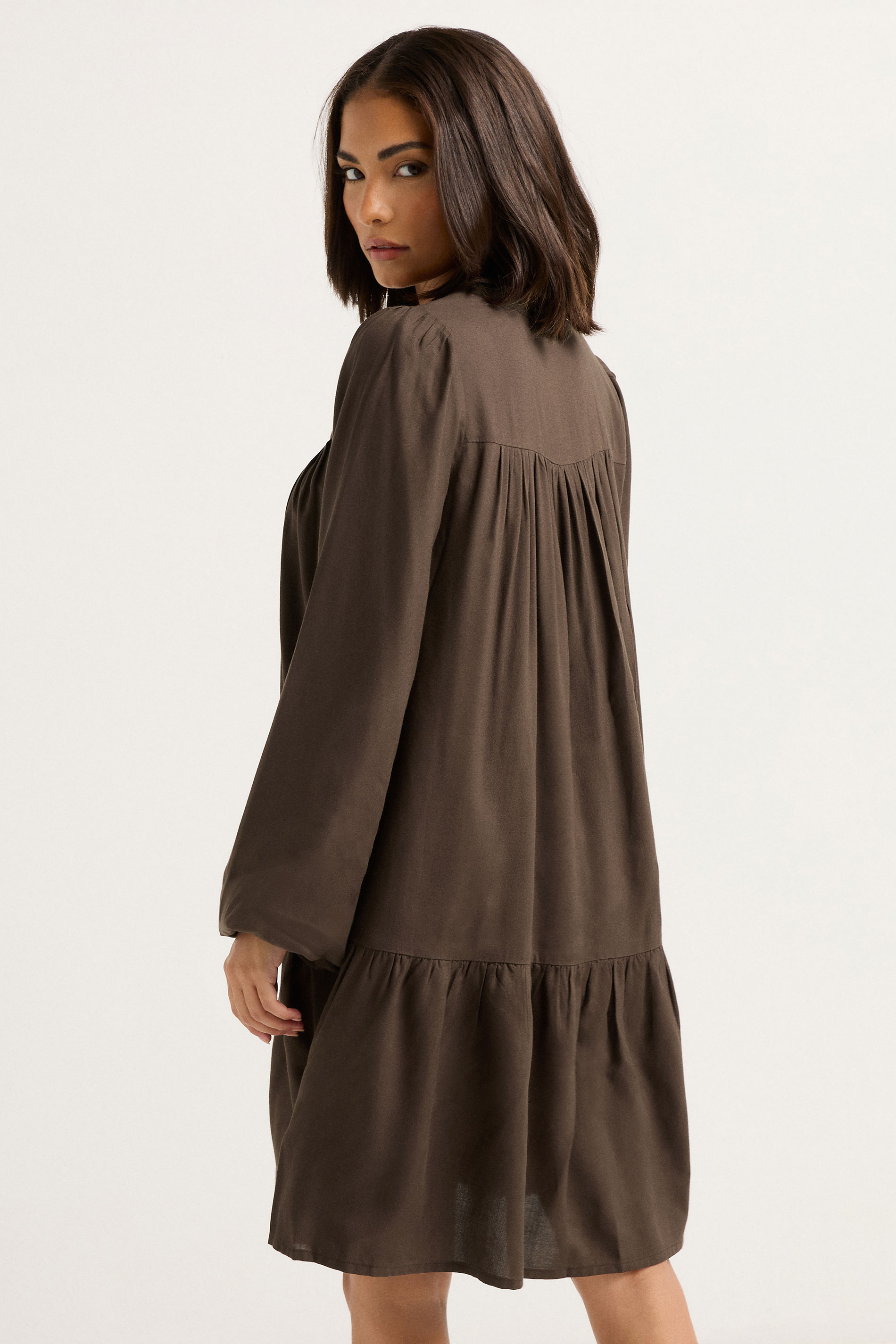 PixieGirl Petite Women's Chocolate Brown Button Smock Midi Dress | PixieGirl 4
