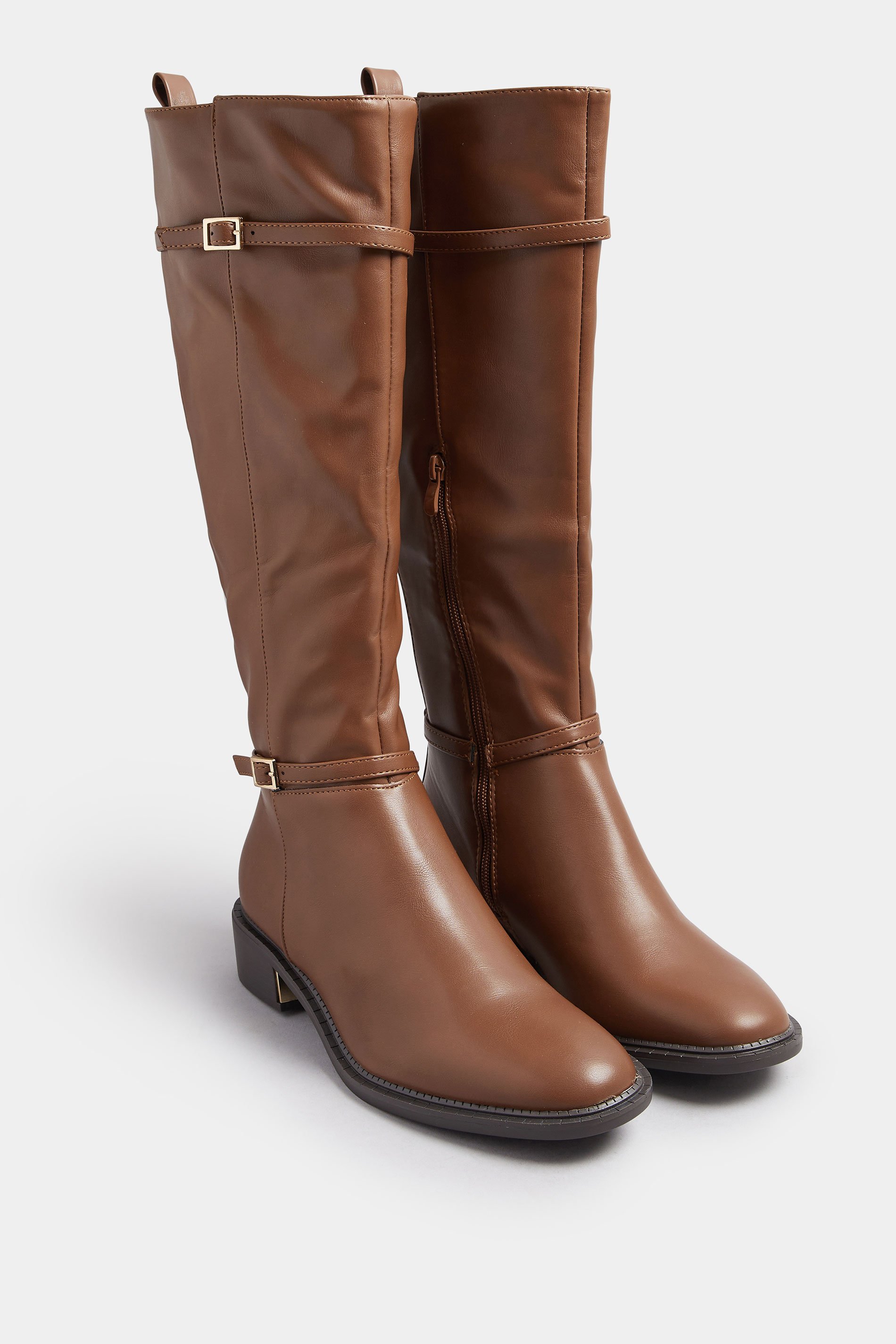 Brown Buckle Stretch Back Knee High Boots In Standard Fit | Yours Clothing 2