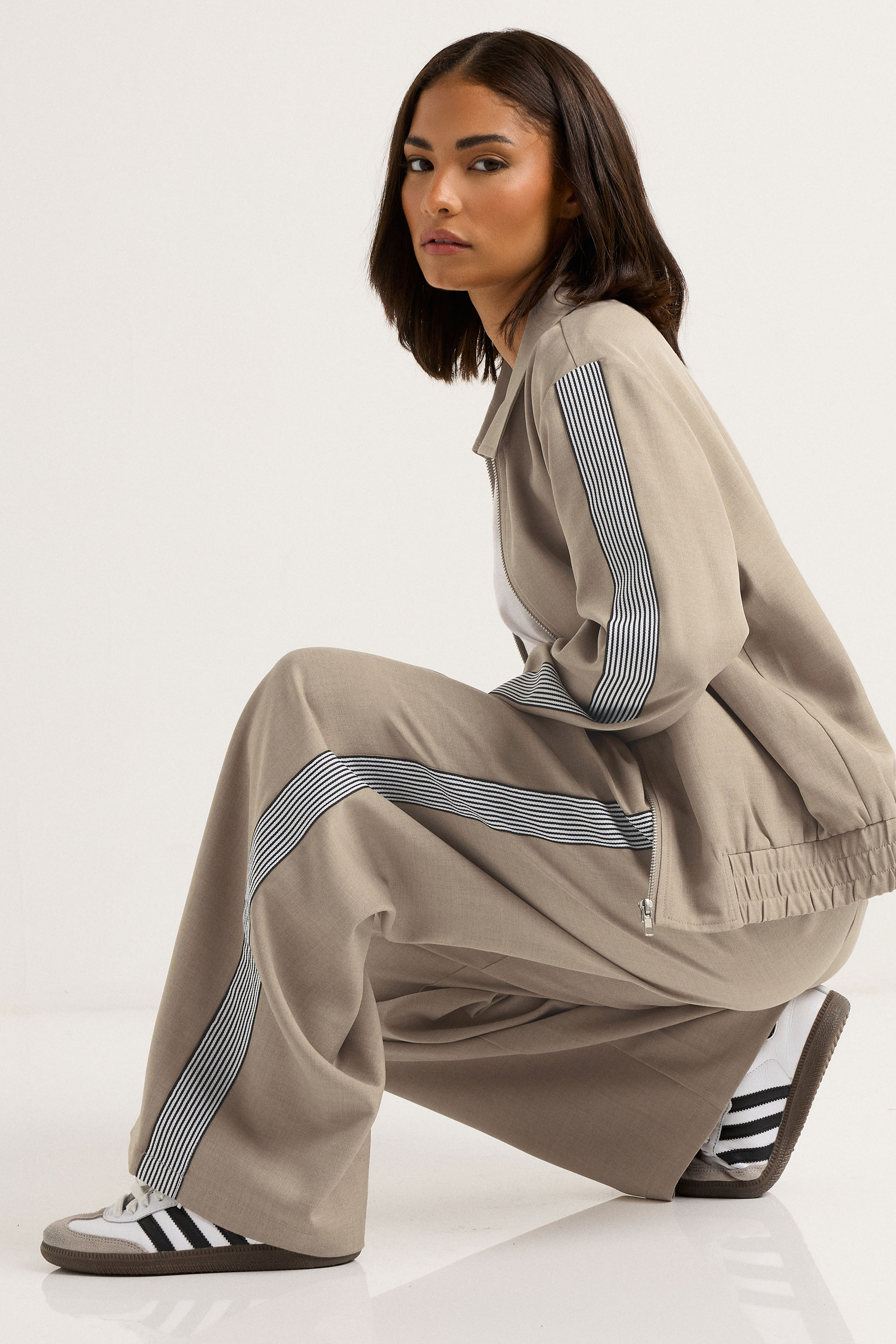 PixieGirl Petite Women's Beige Brown Striped Collar Bomber Jacket | PixieGirl 3