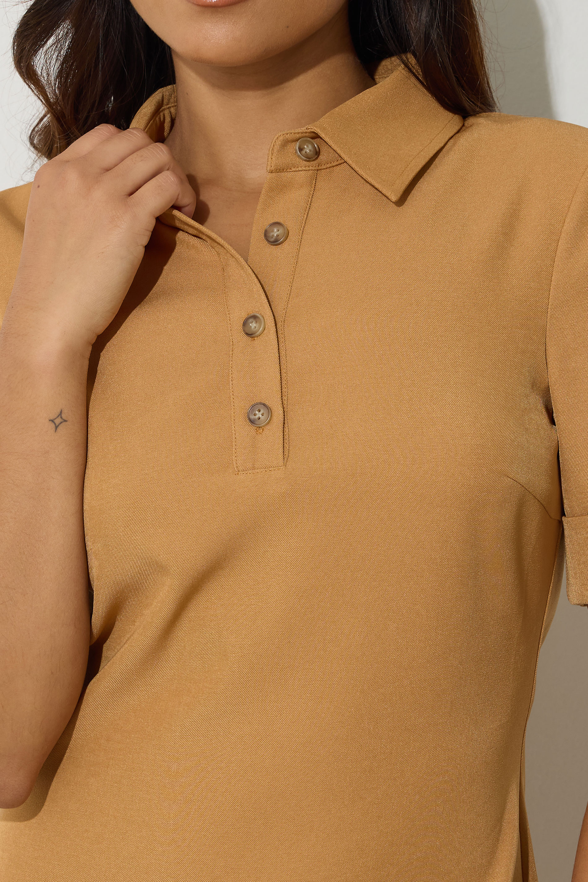 PixieGirl Petite Women's Tan Brown Polo Shirt Dress | Pixie Girl 5