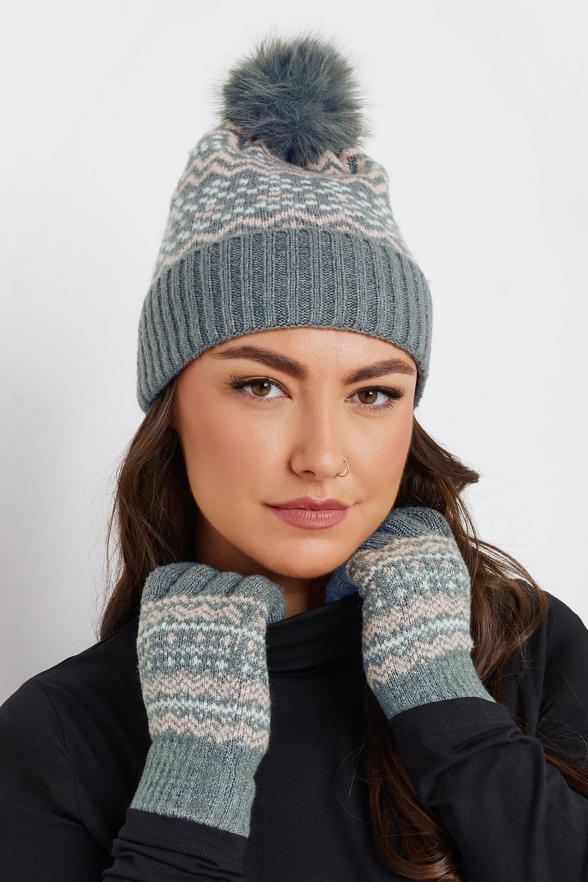 Grey Fairisle Bobble Hat & Glove Set | Yours Clothing  1