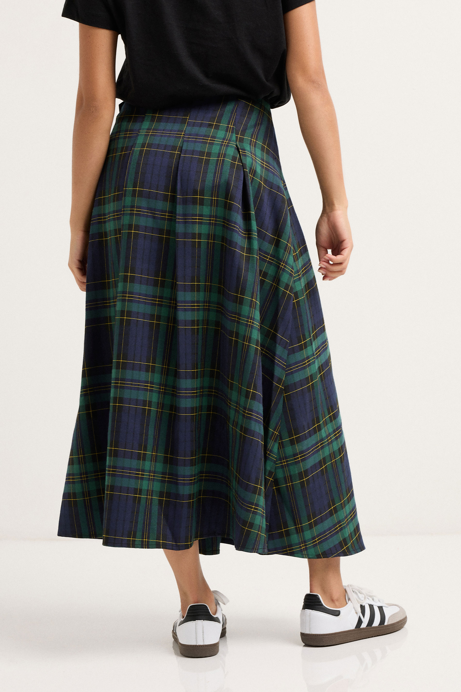 PixieGirl Petite Women's Blue & Green Check Buckle Midi Skirt | PixieGirl 5