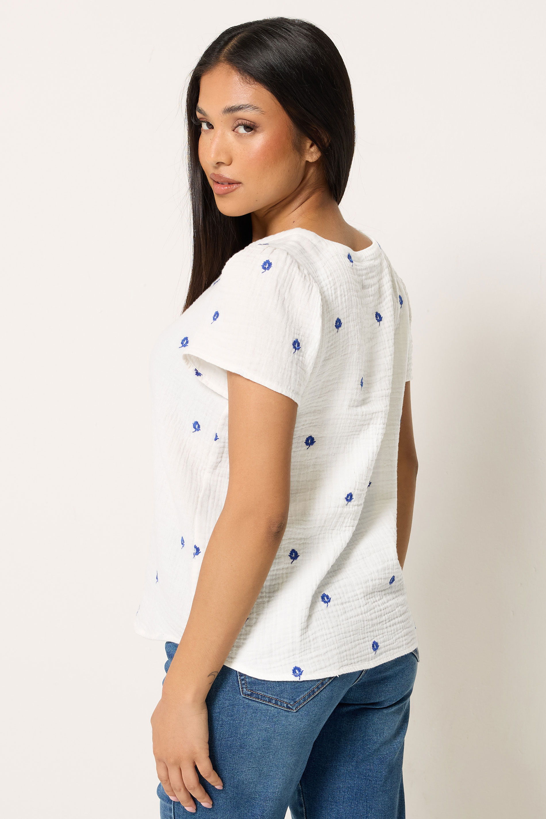 M&Co Petite White Floral Embroidered Cotton Short Sleeve Blouse | M&Co 2