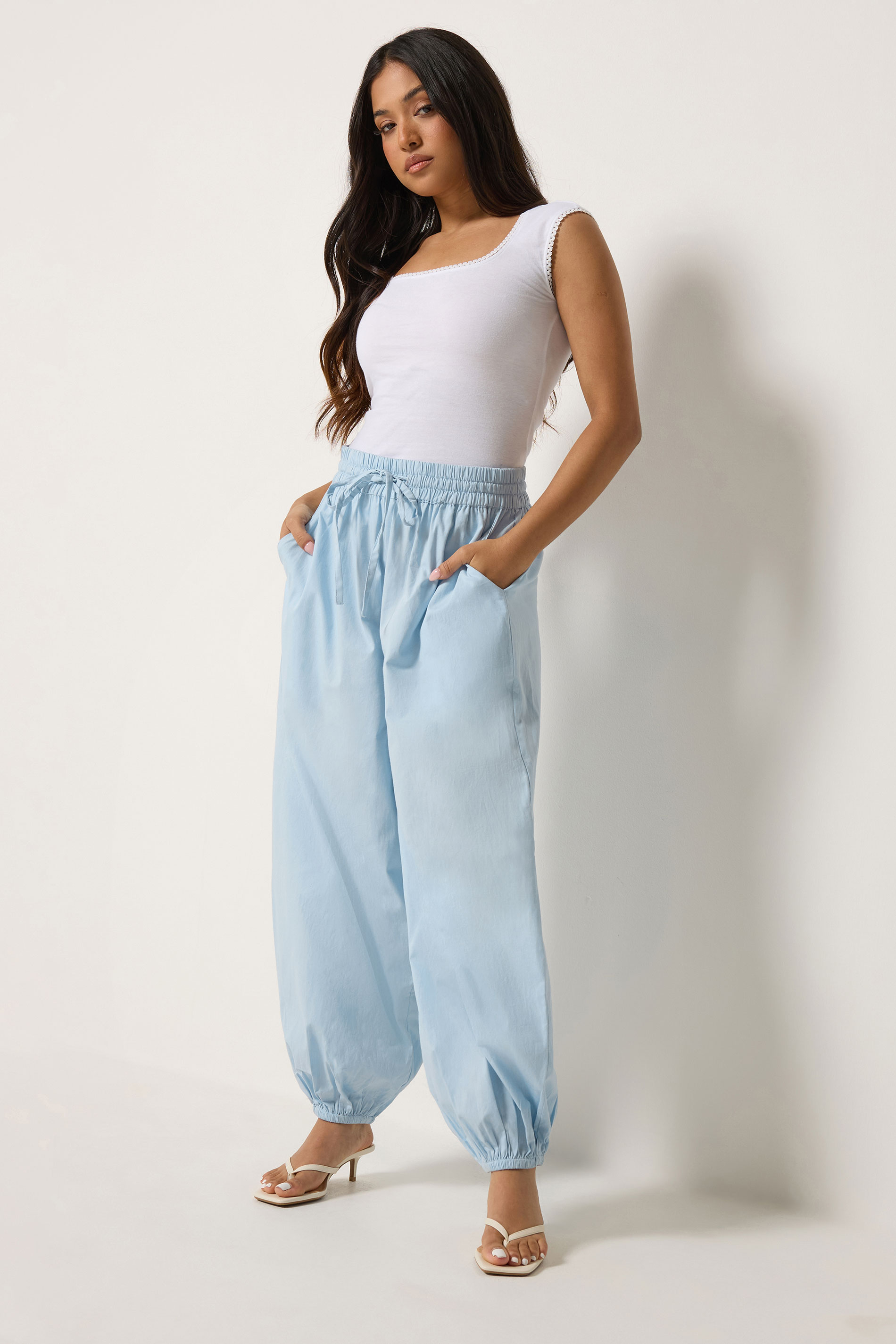 Pixiegirl Women's Blue Petite Light Cotton Poplin Balloon Leg Trousers Size 12