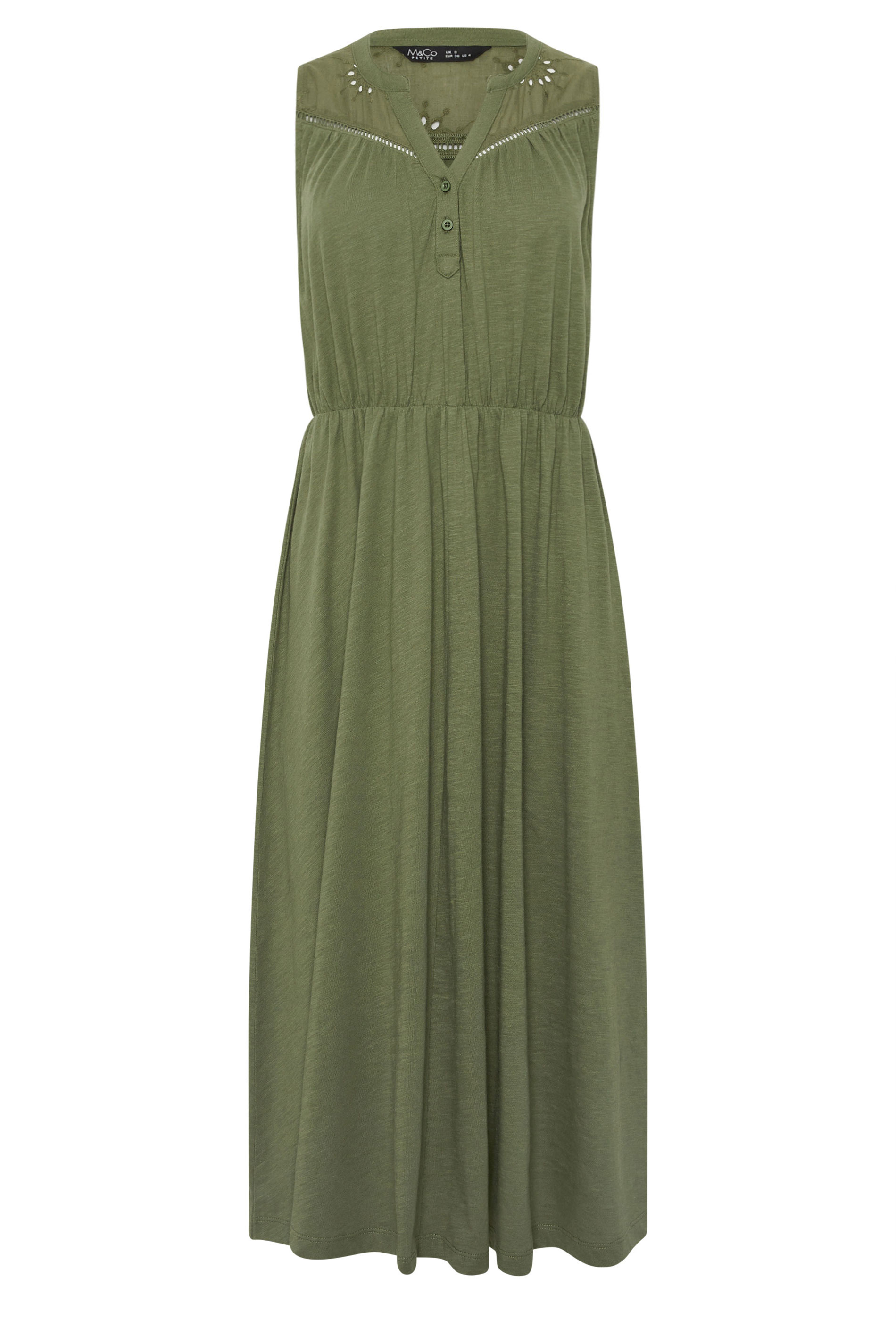 M&Co Petite Khaki Green Broderie Sleeveless Cotton Midi Dress | M&Co 5