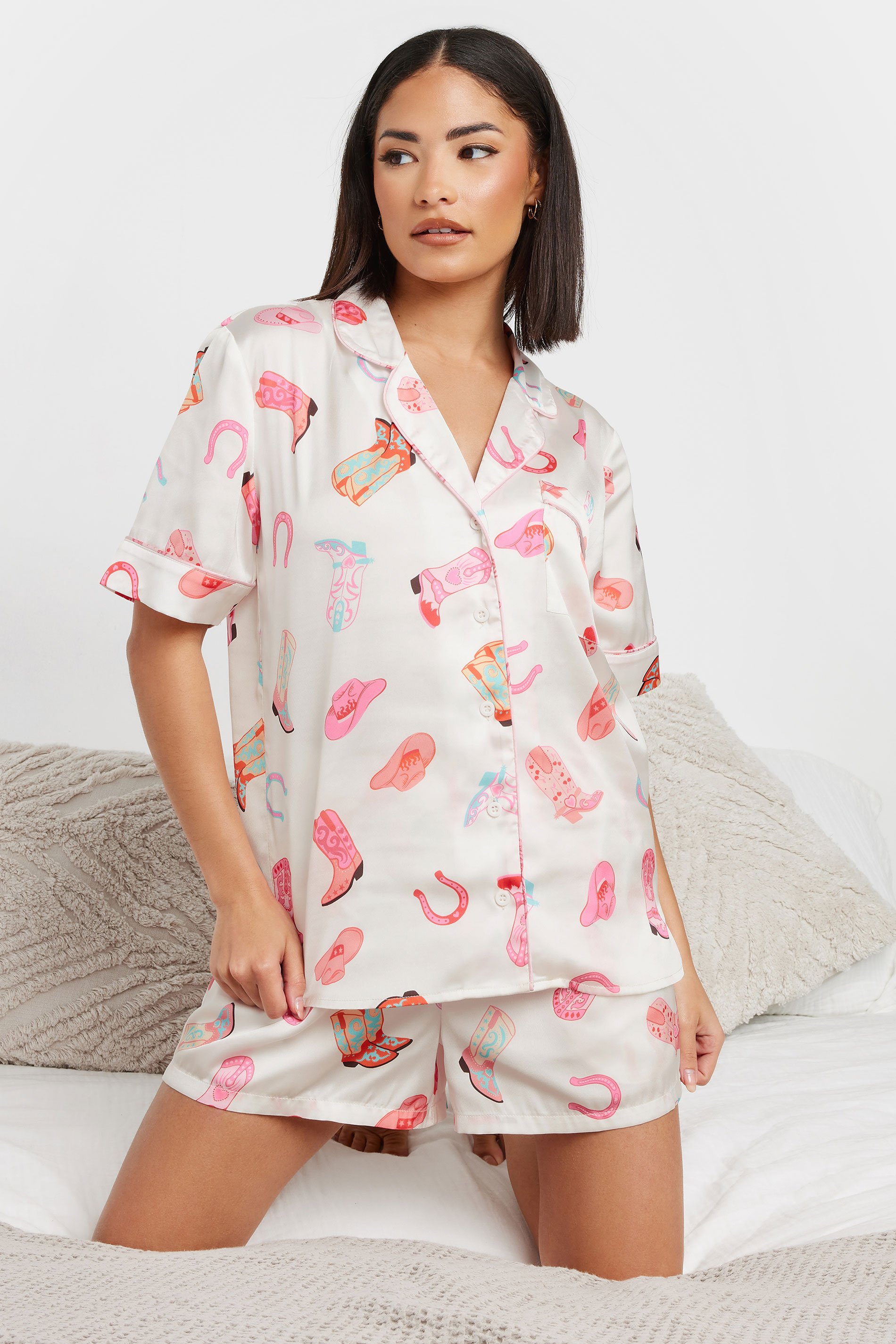 PixieGirl Petite Women's White Satin Cowboy Graphic Short Pyjama Set | PixieGirl 1