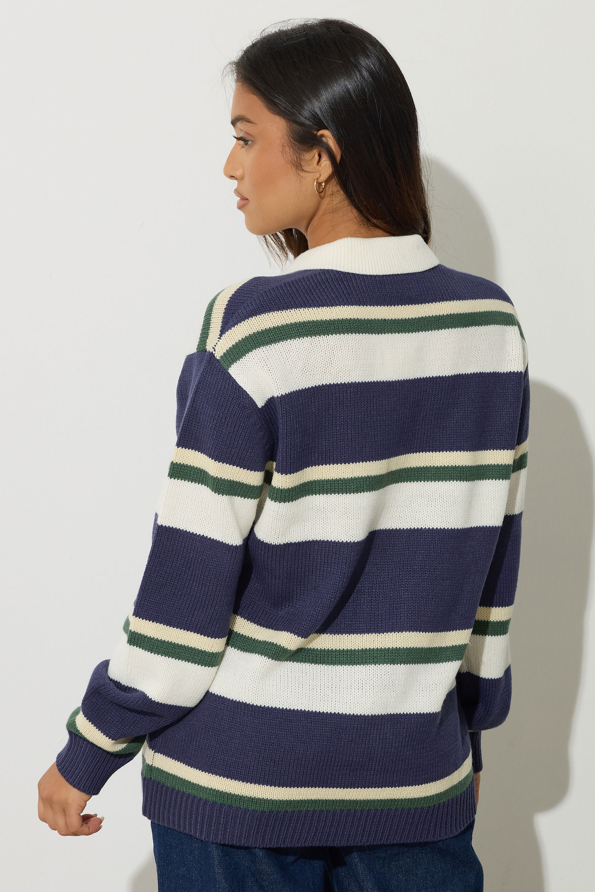 PixieGirl Petite Women's Navy Blue Stripe Rugby Jumper | PixieGirl 3