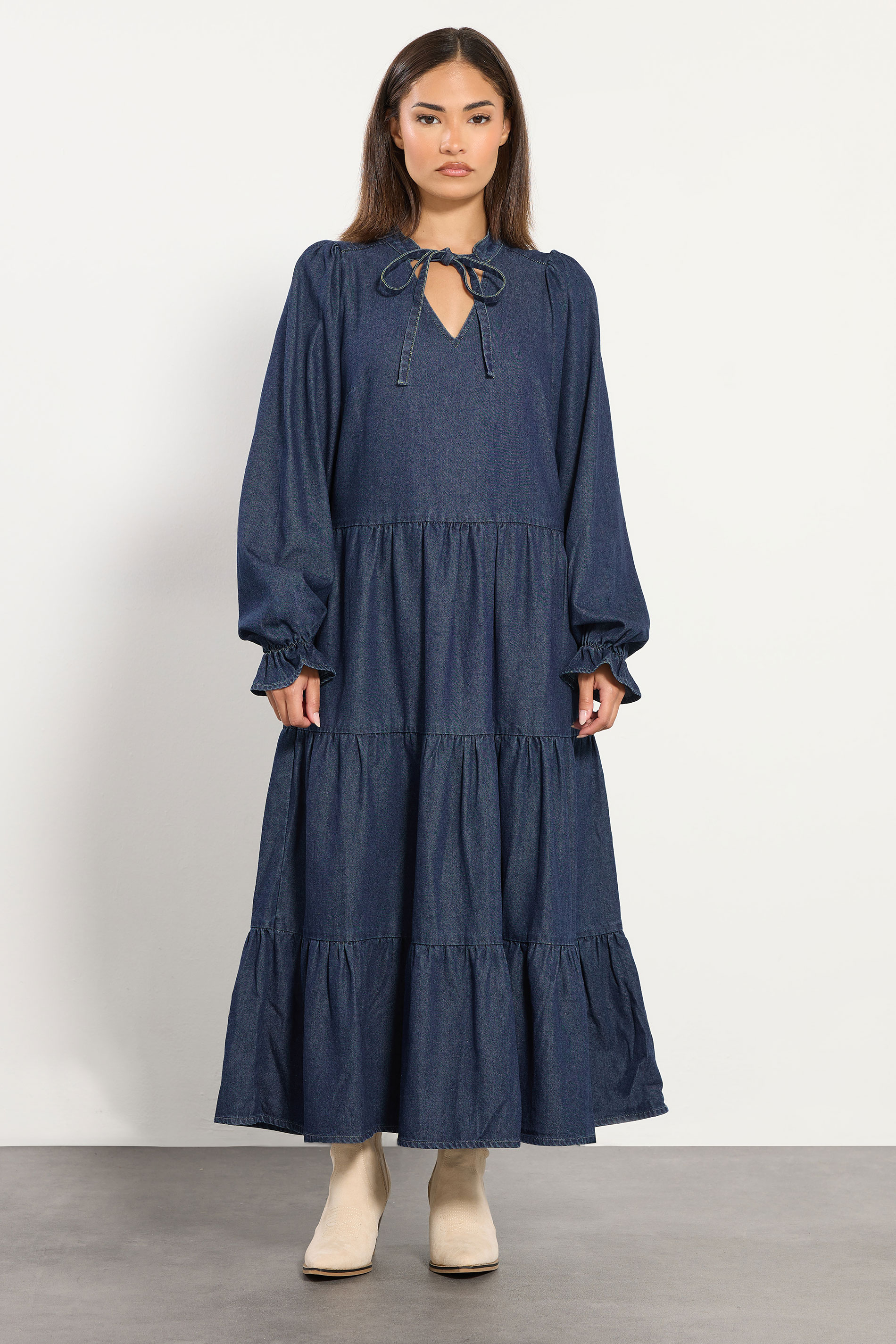 PixieGirl Petite Women's Dark Blue Tie Neck Tiered Dress | PixieGirl 3