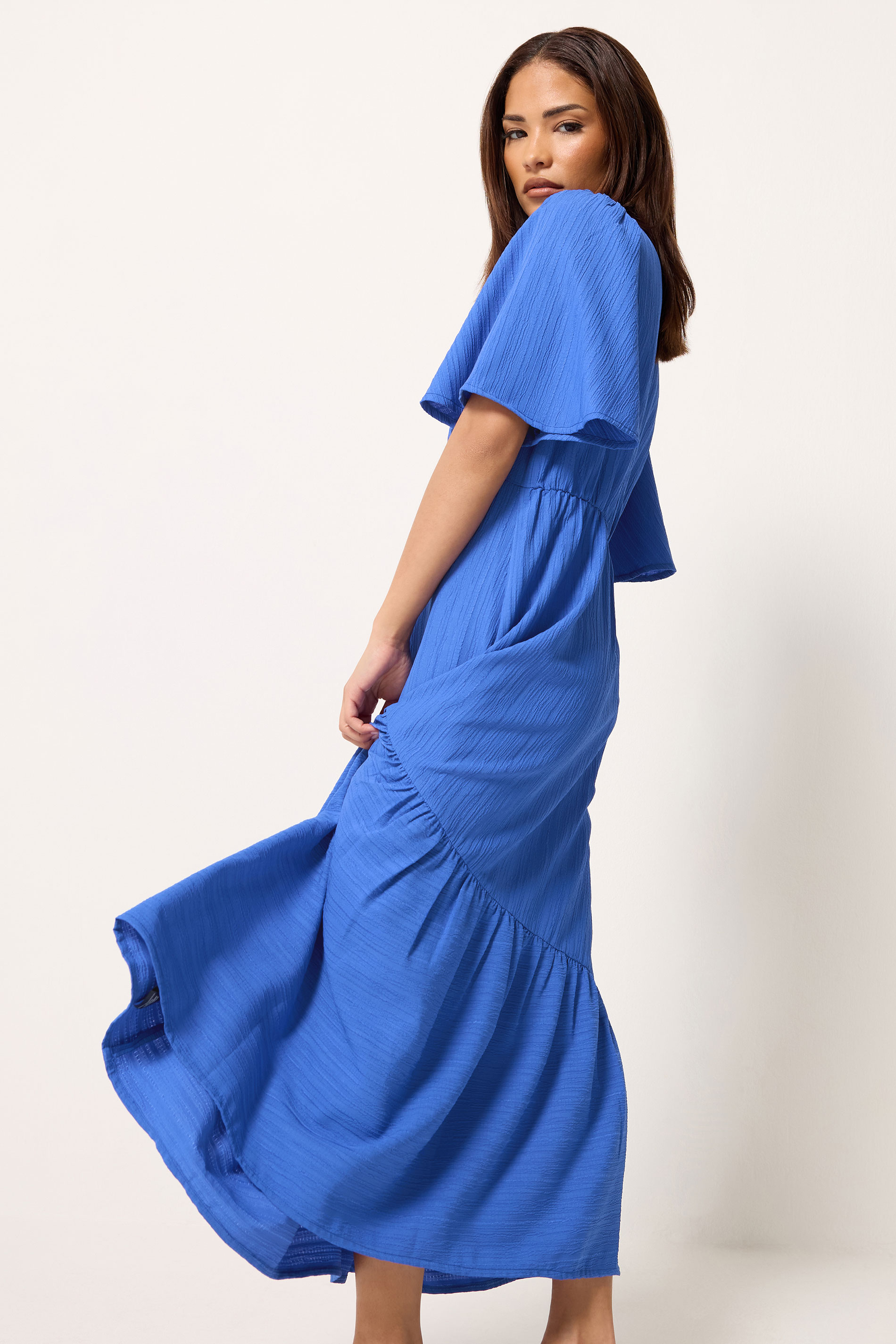 PixieGirl Petite Blue Asymmetric Tiered Midi Dress | PixieGirl 1
