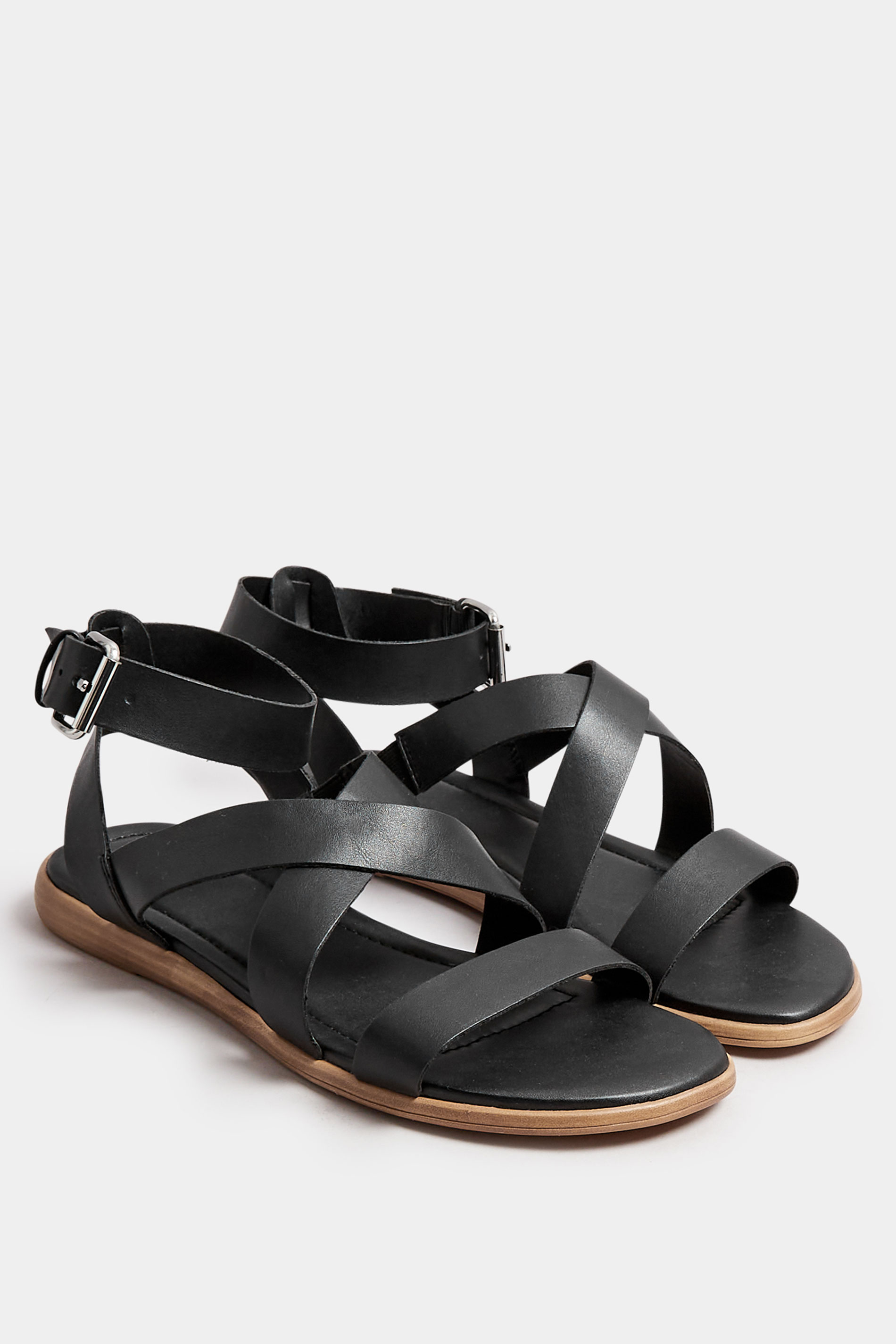 Black Cross Over Strappy Sandals In Extra Wide EEE Fit | Yours Clothing 2