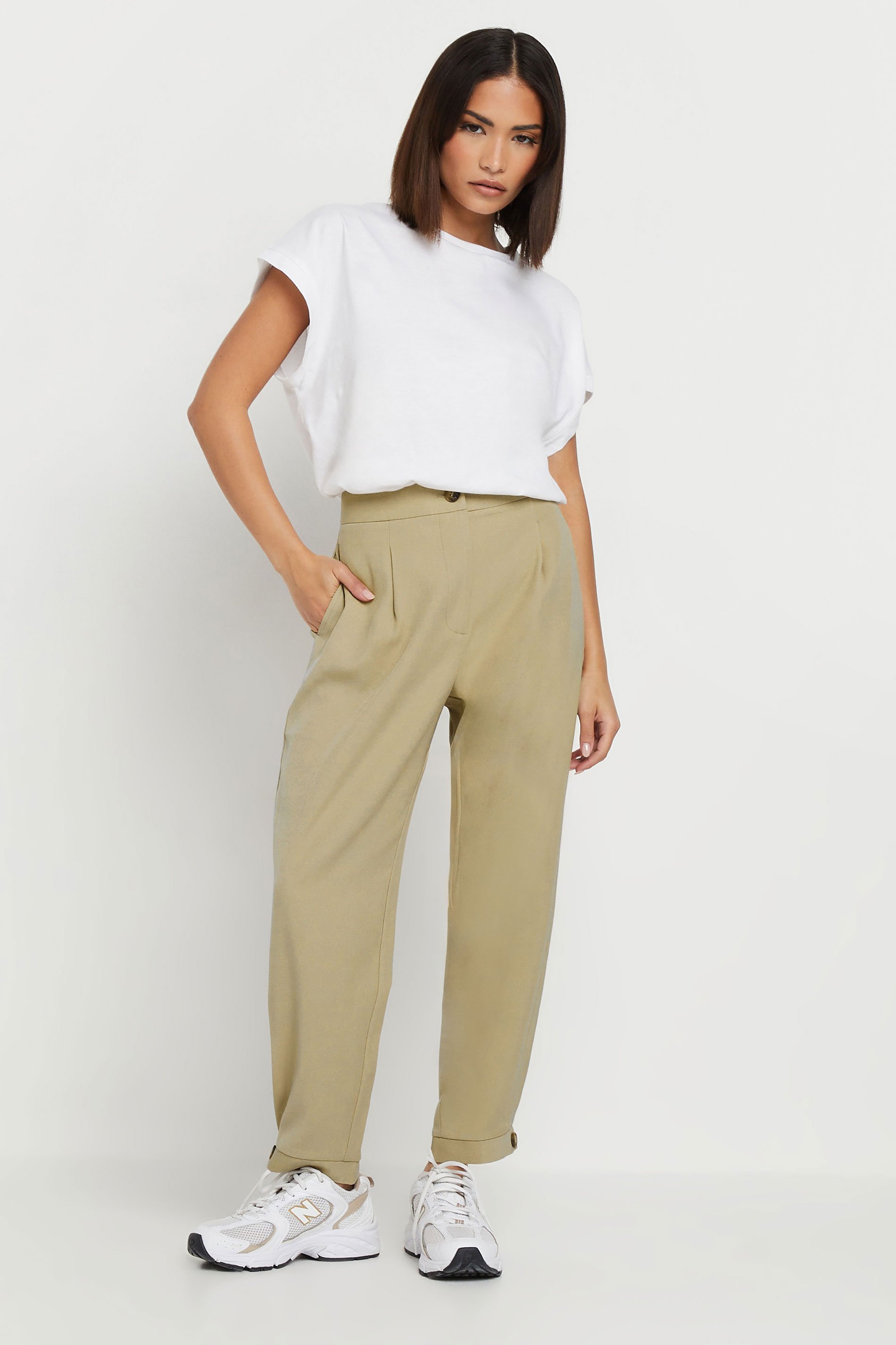 PixieGirl Petite Women's Stone Brown Tailored Barrel Button Trousers | PixieGirl 4