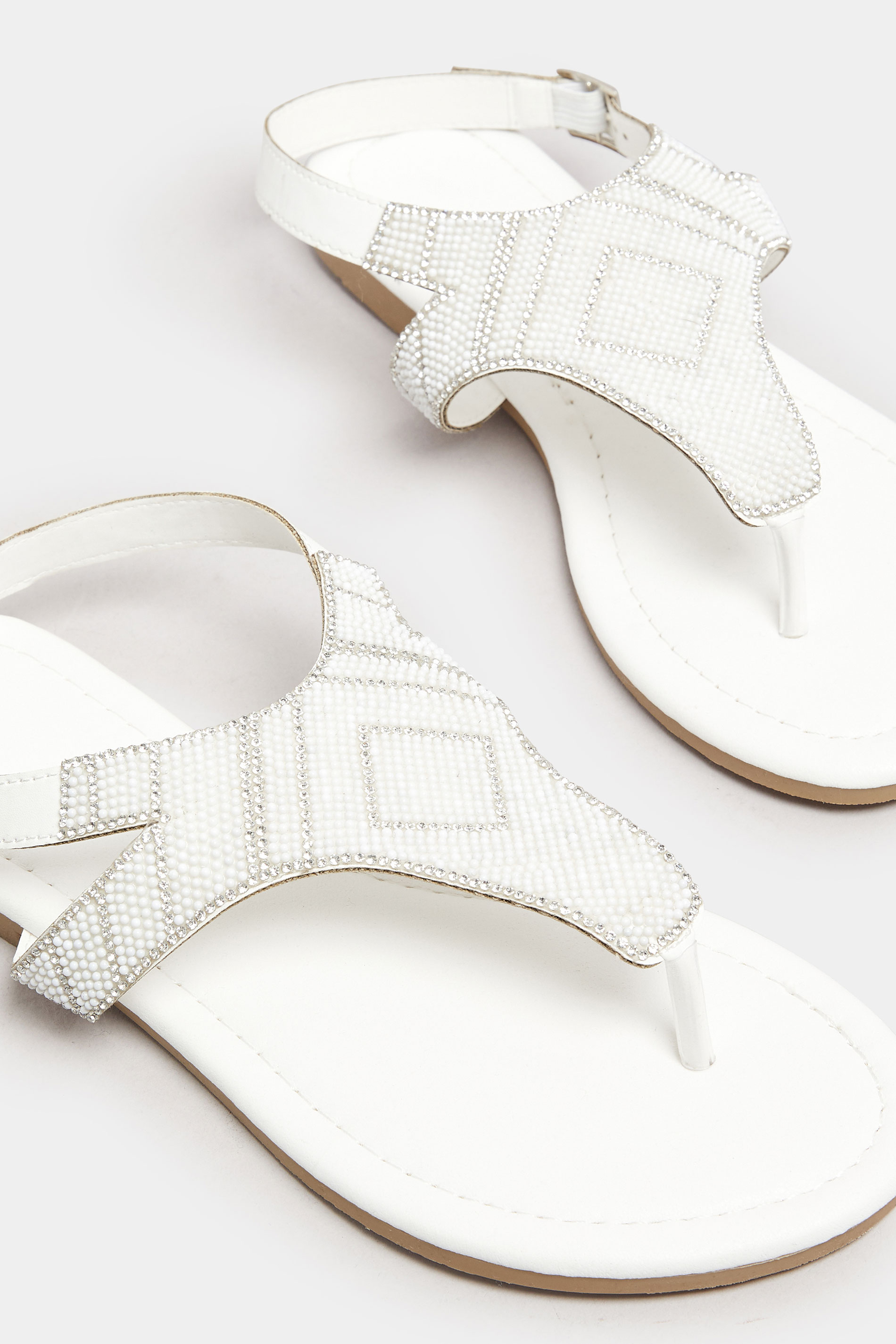 White Embellished T-Bar Sandals In Wide E & Extra Wide EEE Fit | Yours Clothing 4