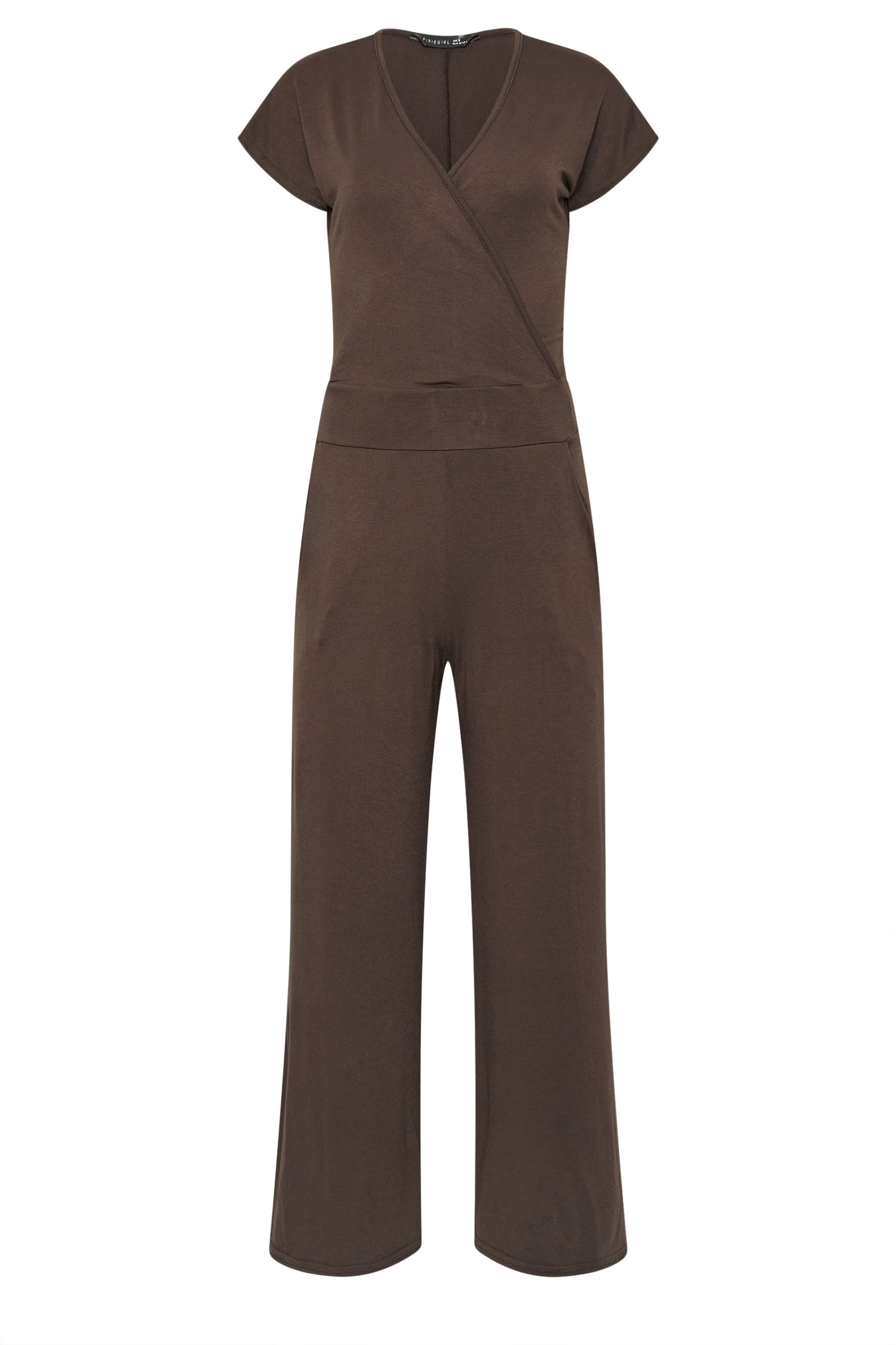PixieGirl Petite Women's Chocolate Brown Wrap Wide Leg Jumpsuit | PixieGirl 5