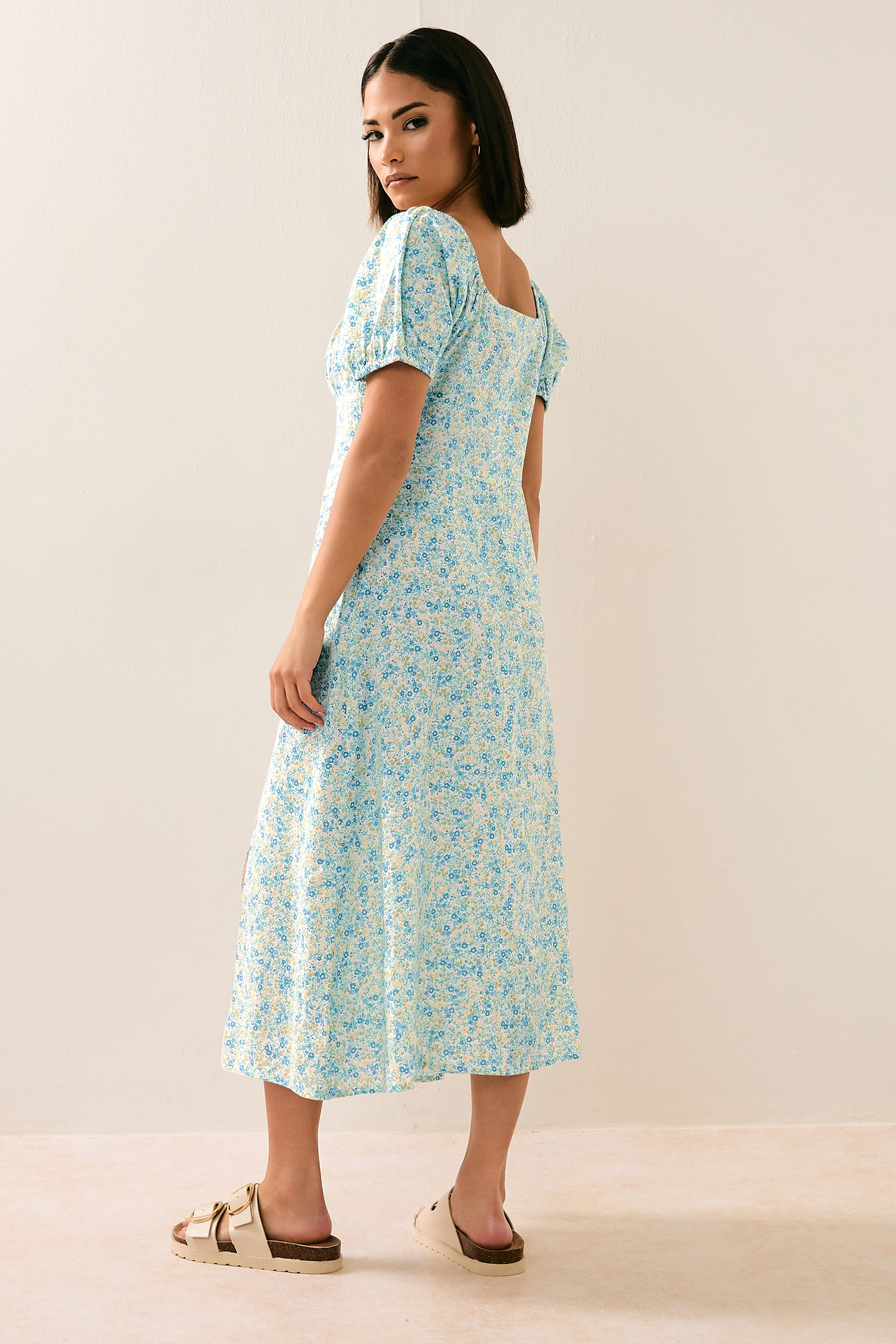 PixieGirl Petite Women's Blue Ditsy Floral Puff Sleeve Midi Dress | PixieGirl 4