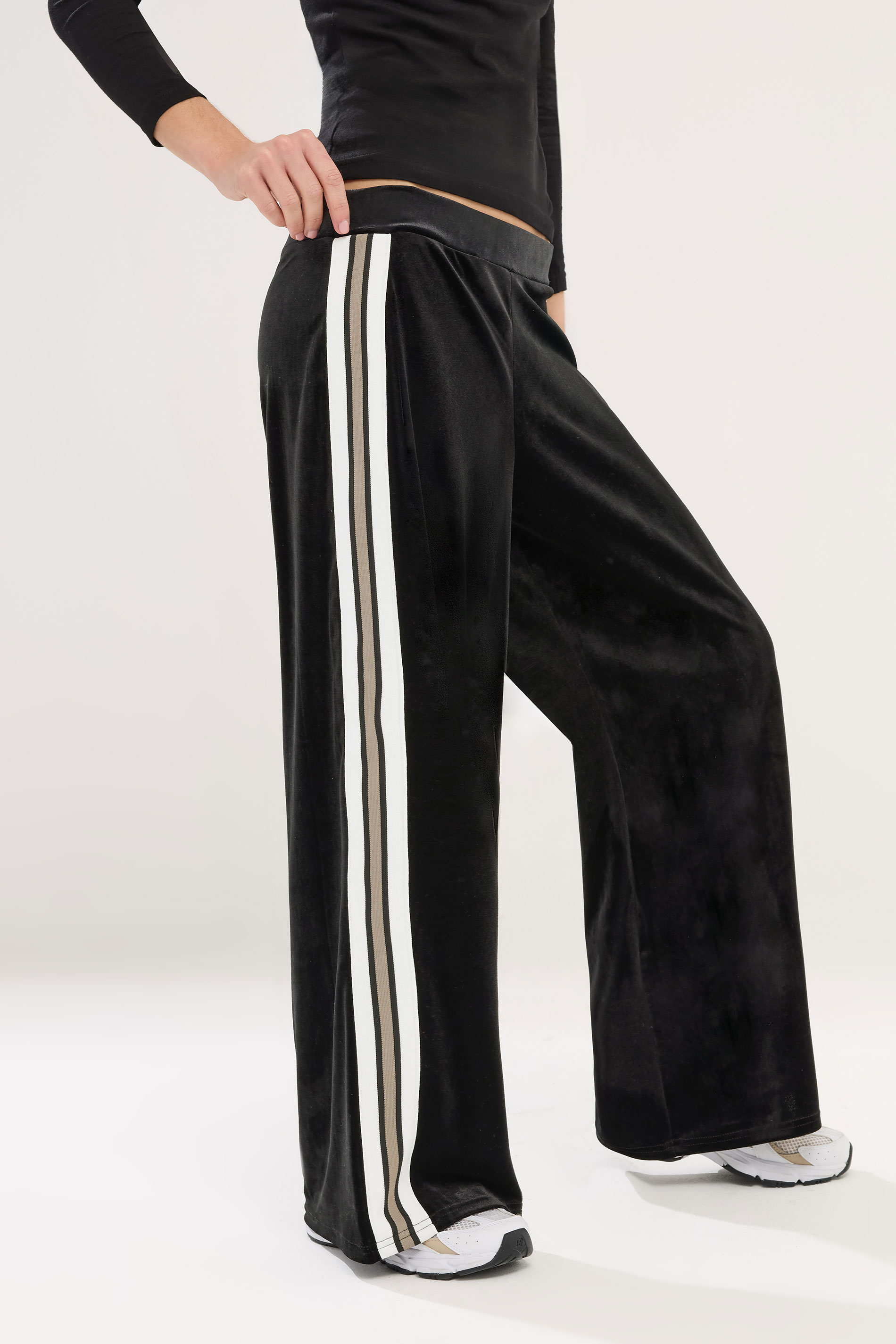 PixieGirl Petite Womens Black Velour Side Stripe Trousers | PixieGirl 2