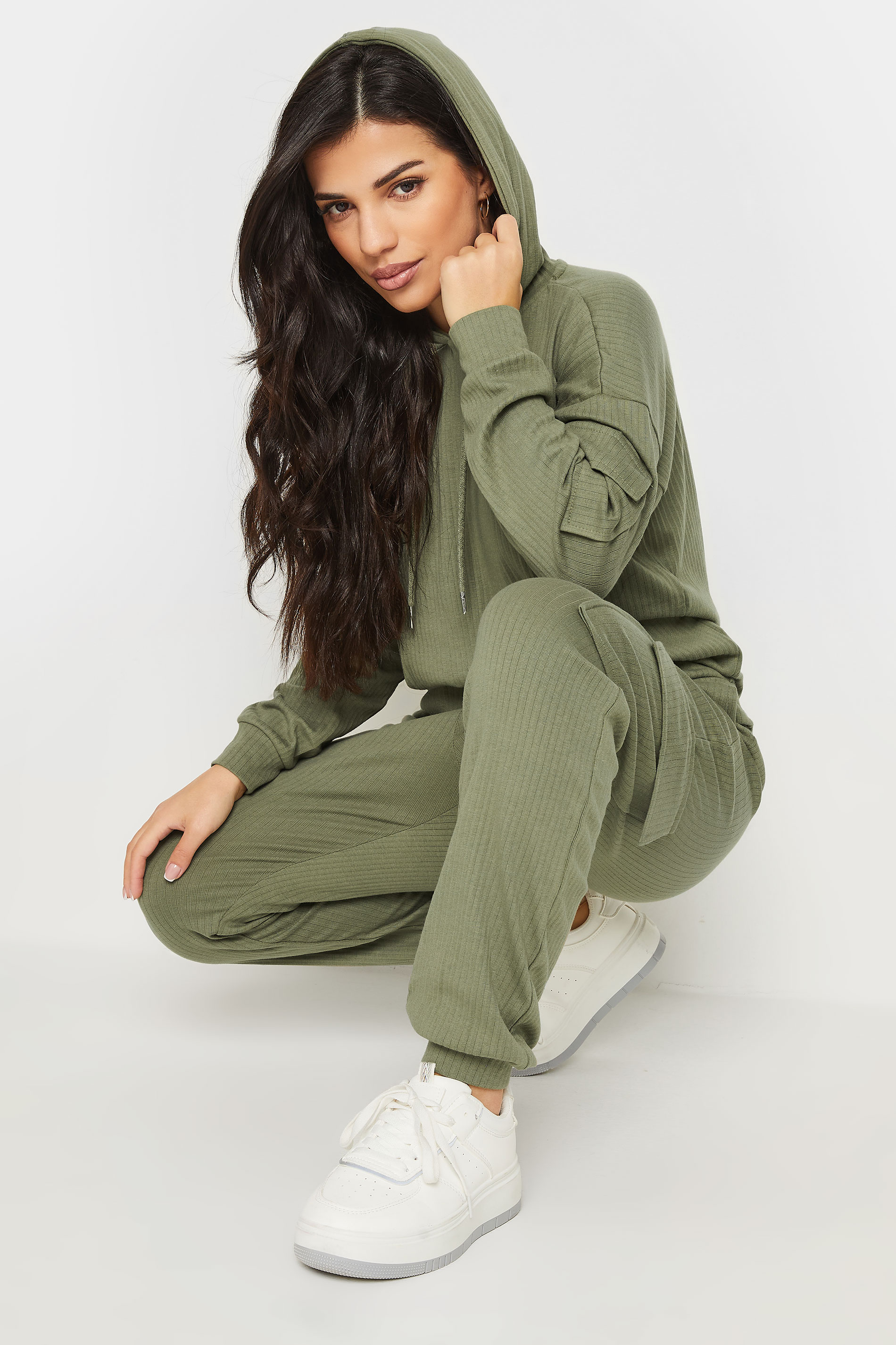 PixieGirl Petite Women's Khaki Green Ribbed Cargo Hoodie | PixieGirl 4