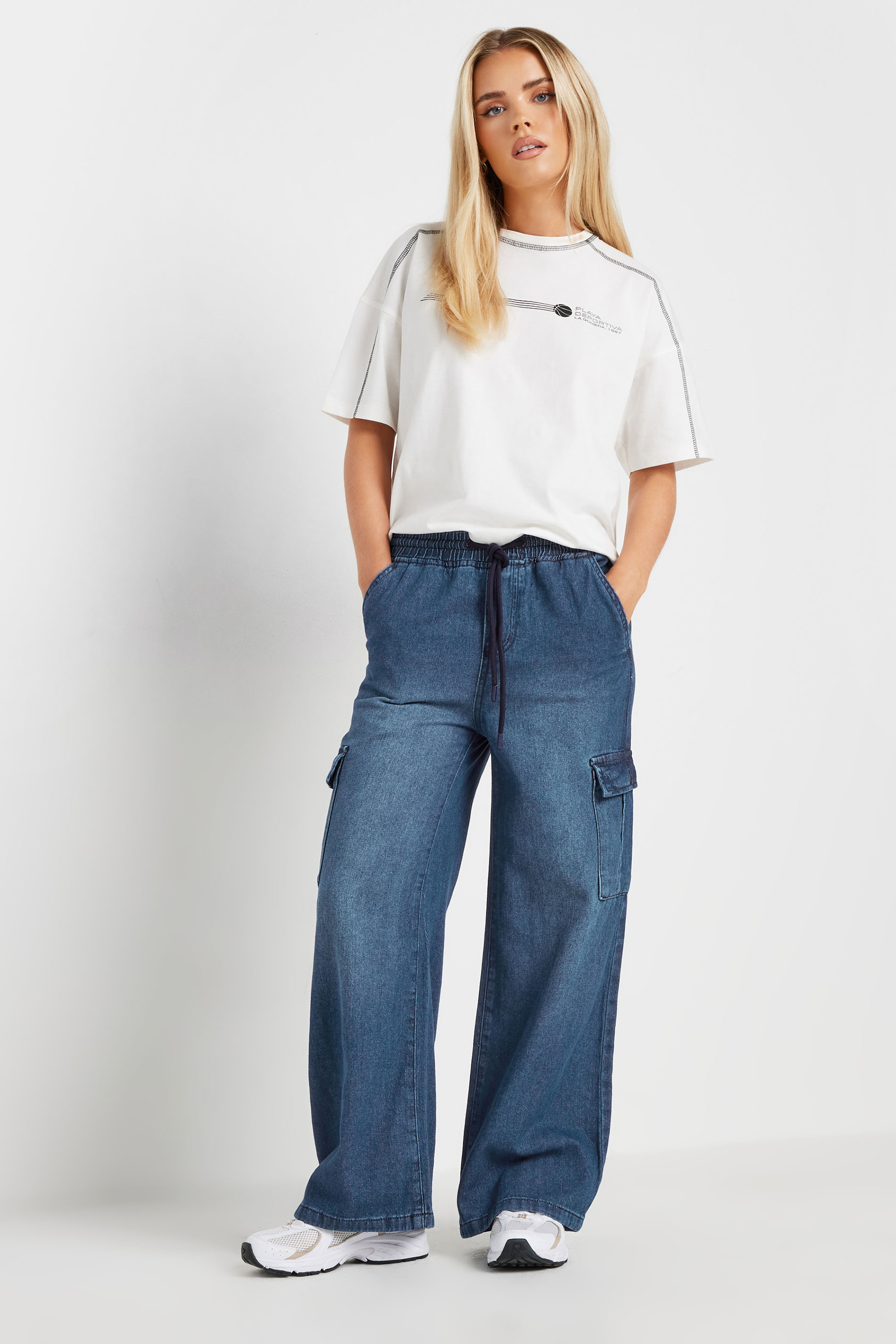 PixieGirl Petite Women's Dark Blue Cargo Wide Leg Jeans | PixieGirl 3